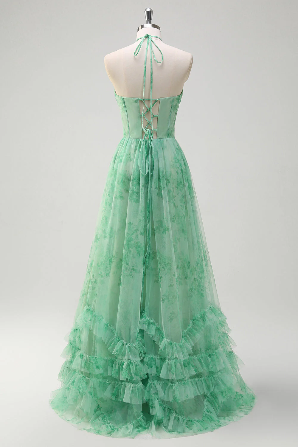 Vert A-ligne Licou Floral Corset Volants Robe de soirée Longue avec Fente - Image 2