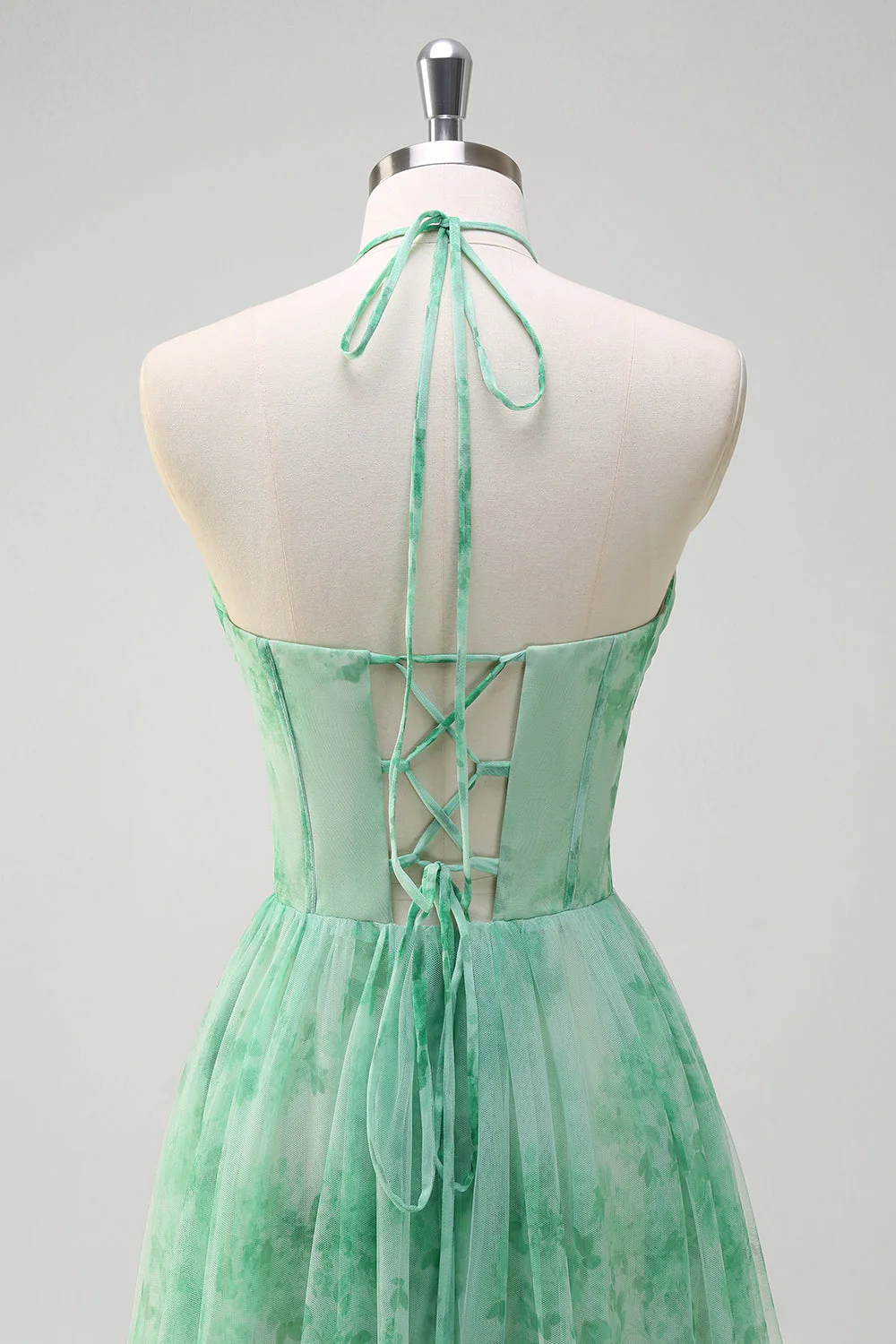 Vert A-ligne Licou Floral Corset Volants Robe de soirée Longue avec Fente - Image 4
