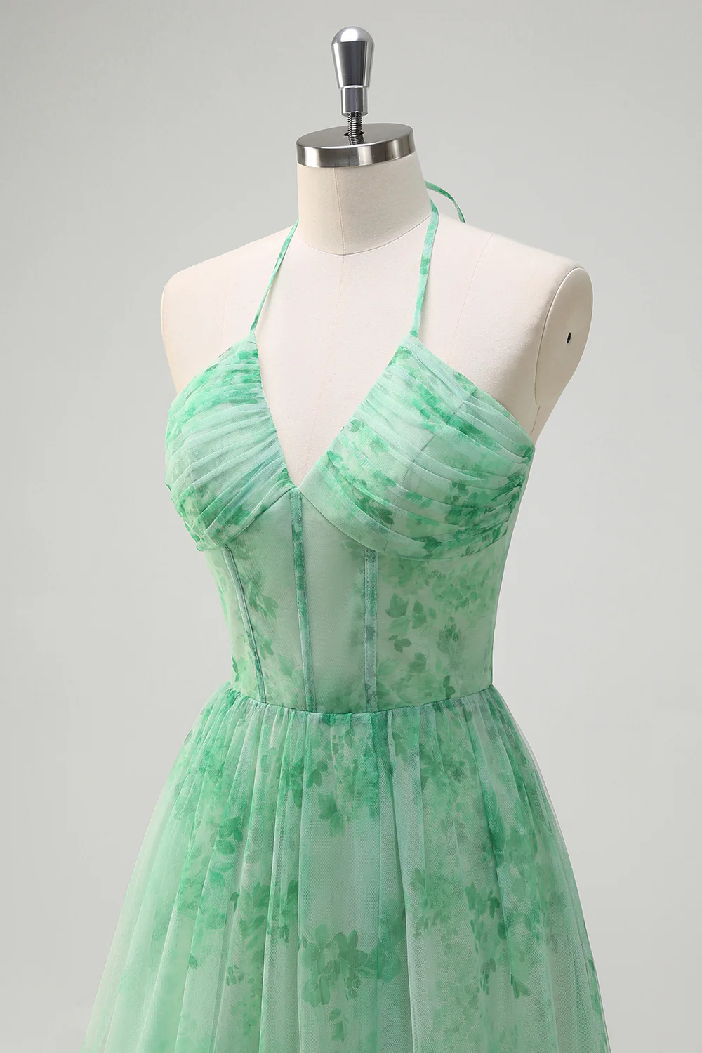 Vert A-ligne Licou Floral Corset Volants Robe de soirée Longue avec Fente - Image 6