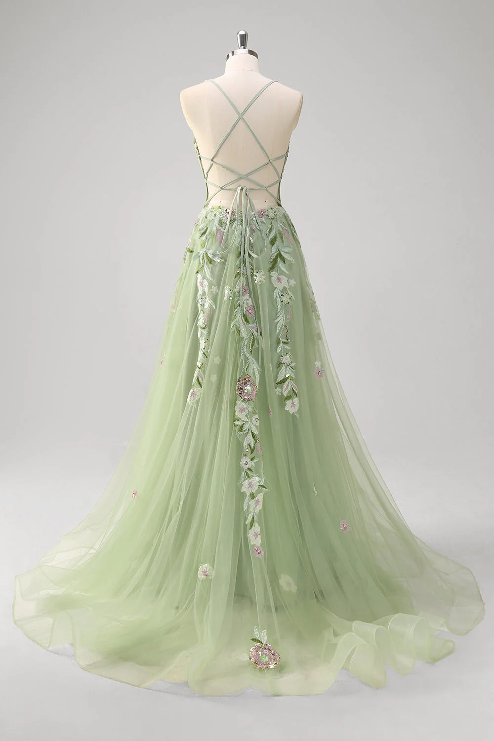 Robe de soirée longue verte A ligne à bretelles spaghetti corset appliqué avec tulle - Image 2