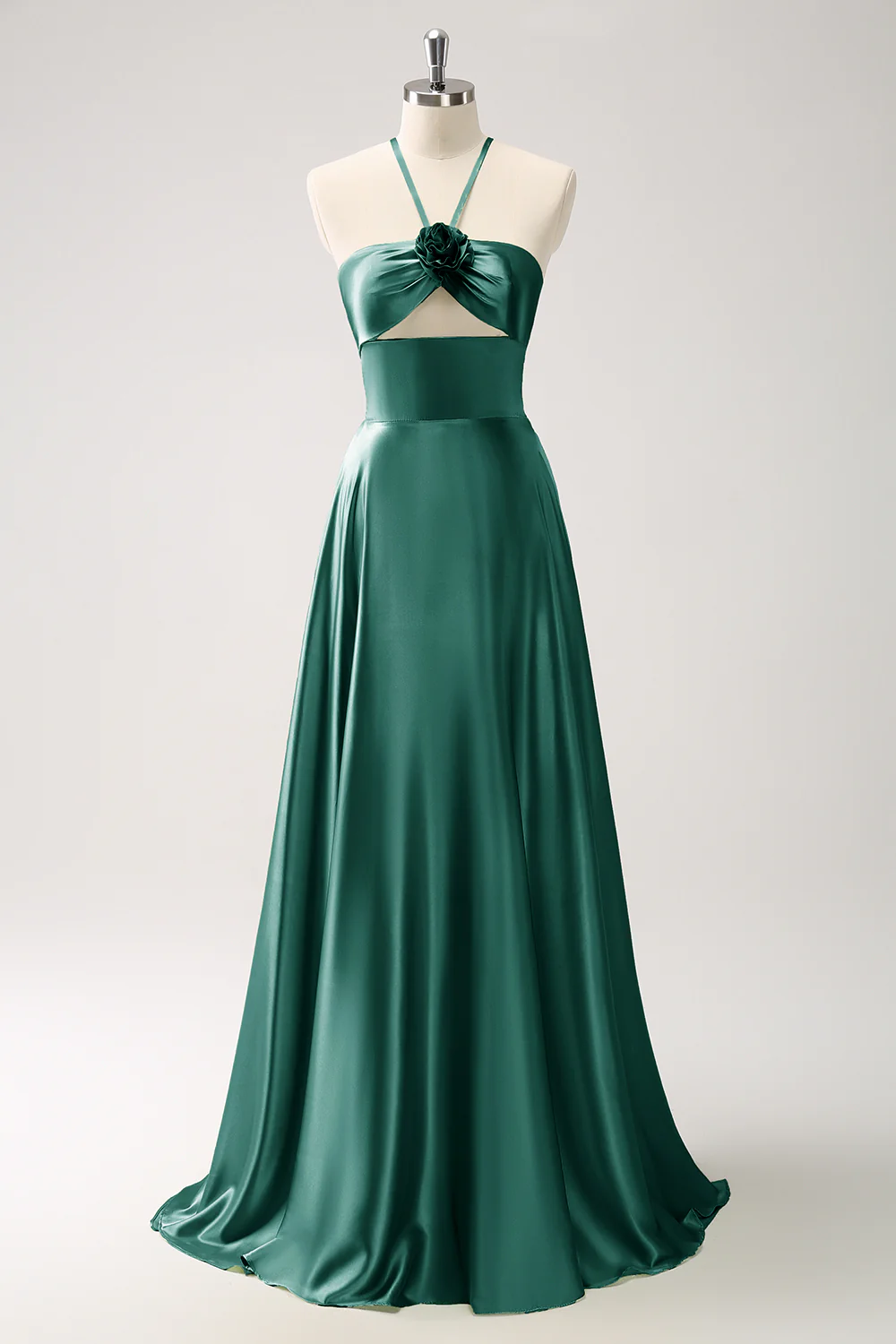 Vert clair A-ligne licol licol évidé robe de demoiselle d’honneur en satin avec fleur - Image 13