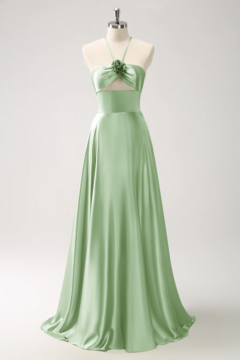 Vert clair A-ligne licol licol évidé robe de demoiselle d’honneur en satin avec fleur - Image 19