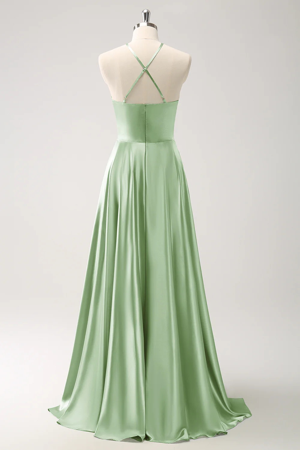 Vert clair A-ligne licol licol évidé robe de demoiselle d’honneur en satin avec fleur - Image 20