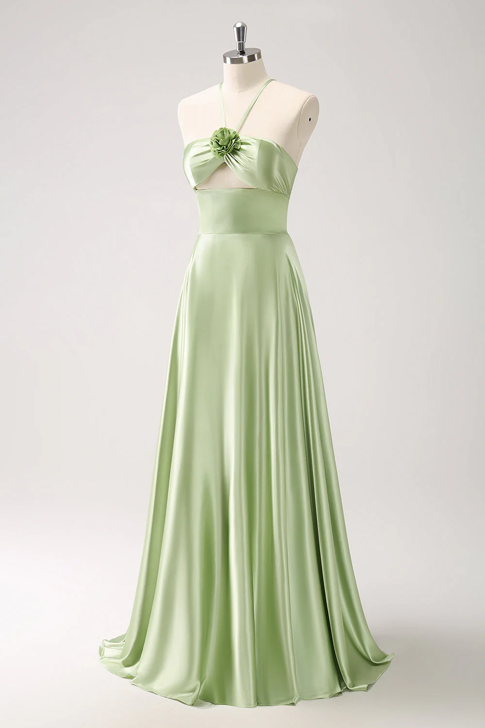 Vert clair A-ligne licol licol évidé robe de demoiselle d’honneur en satin avec fleur - Image 3