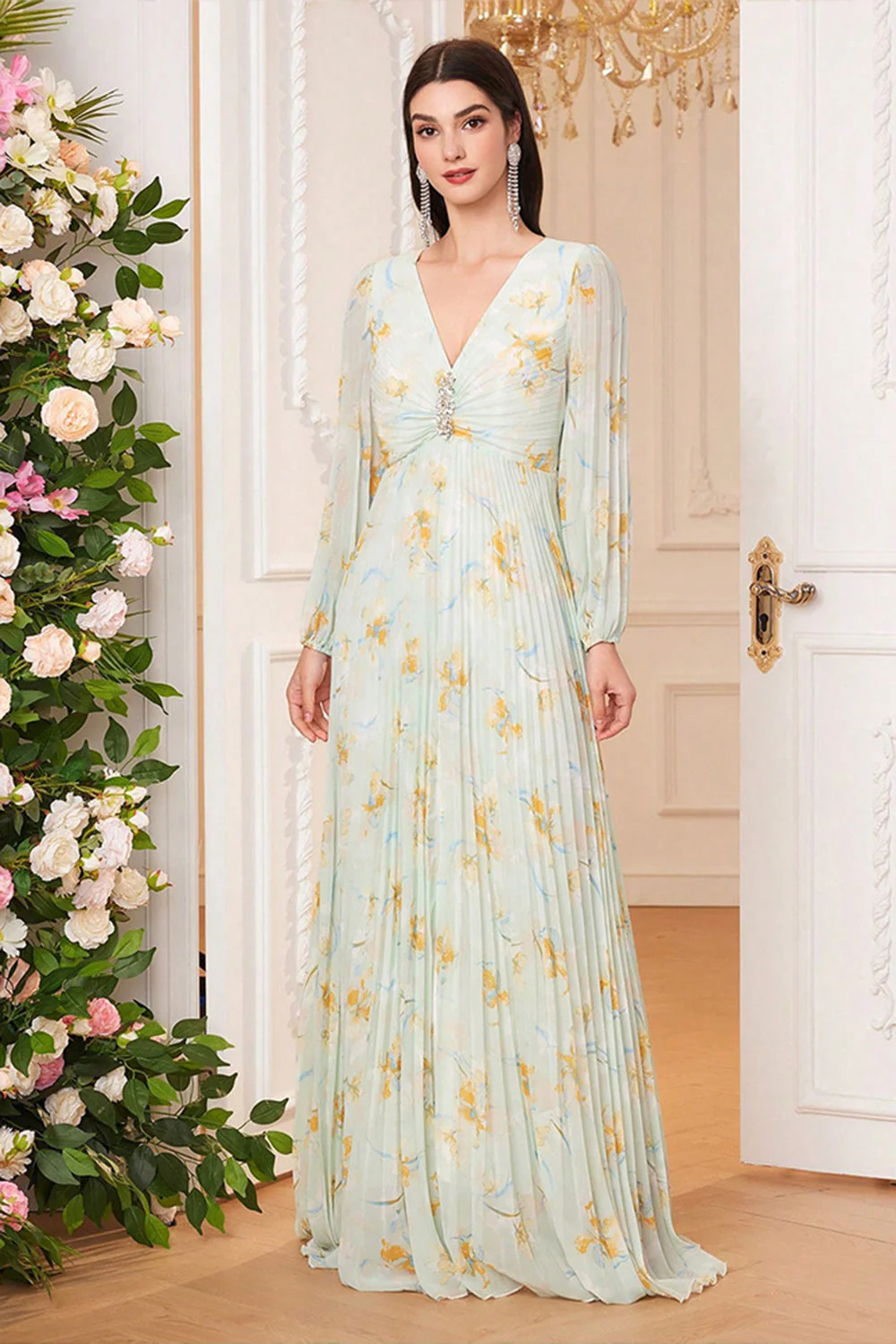 Vert clair à manches longues Imprimé floral Une ligne Col en V Robe de bal avec fente - Image 4