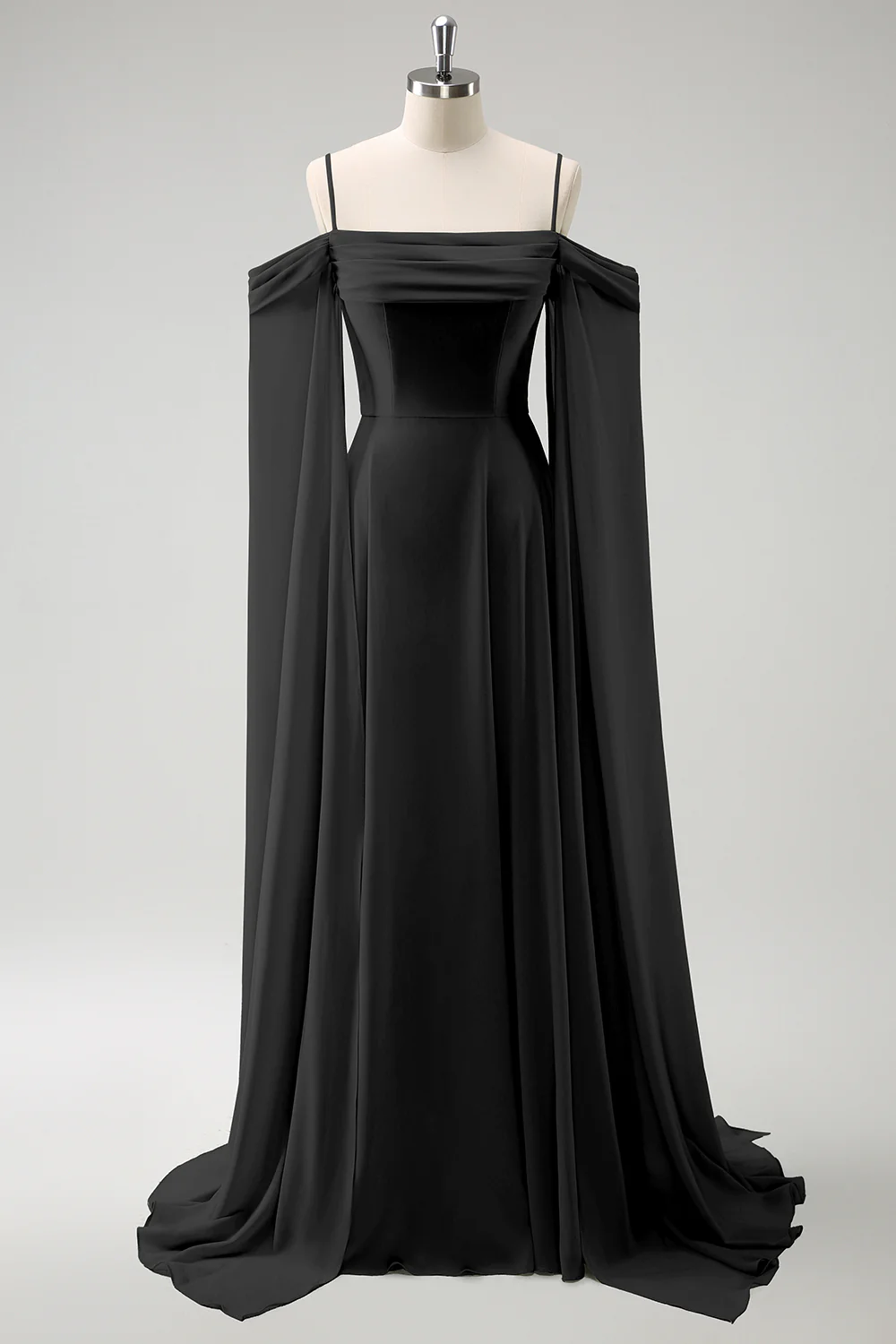 Robe de demoiselle d'honneur longue en mousseline de soie vert clair épaule dénudée amovible à manches trapèze - Image 10