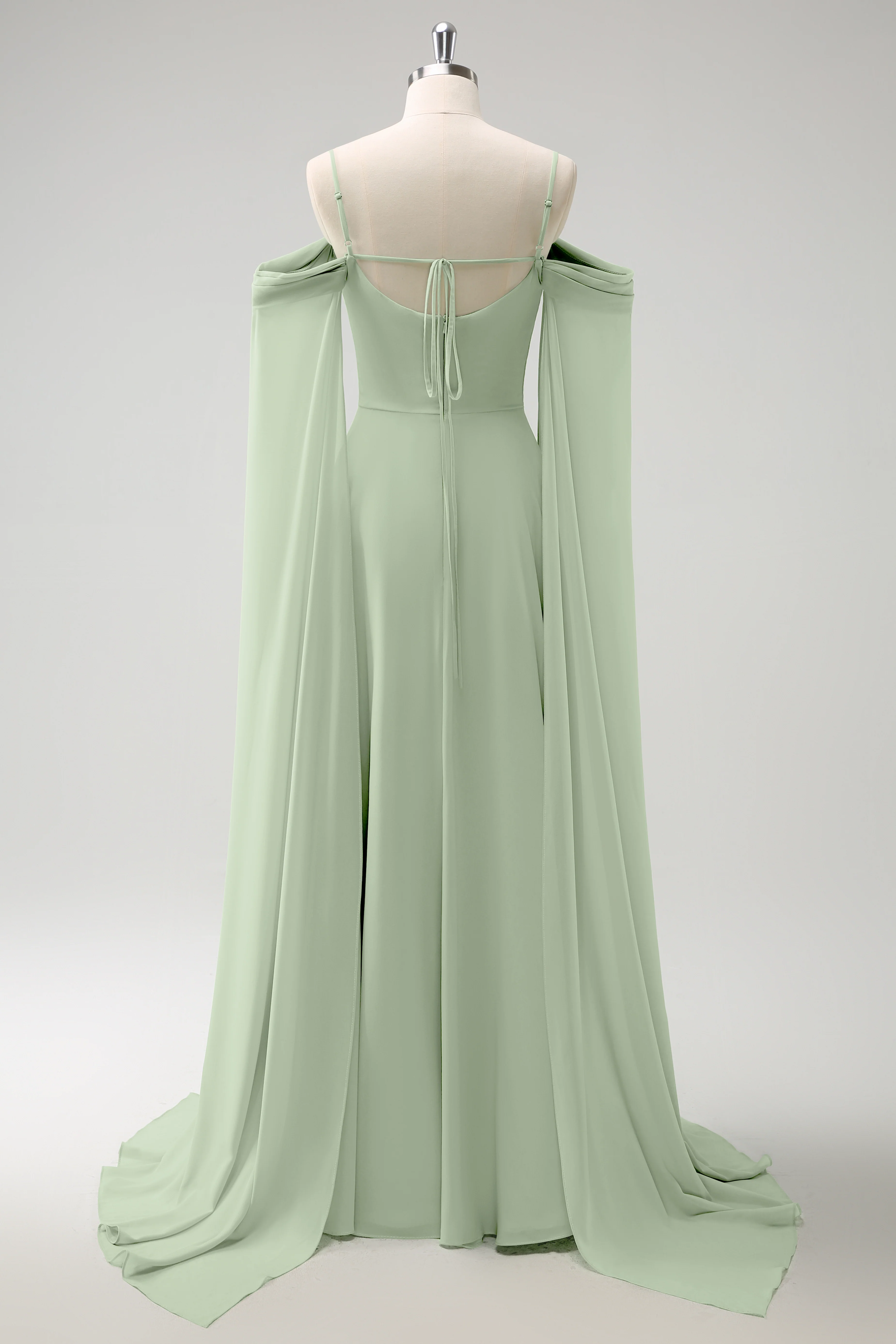 Robe de demoiselle d'honneur longue en mousseline de soie vert clair épaule dénudée amovible à manches trapèze - Image 21