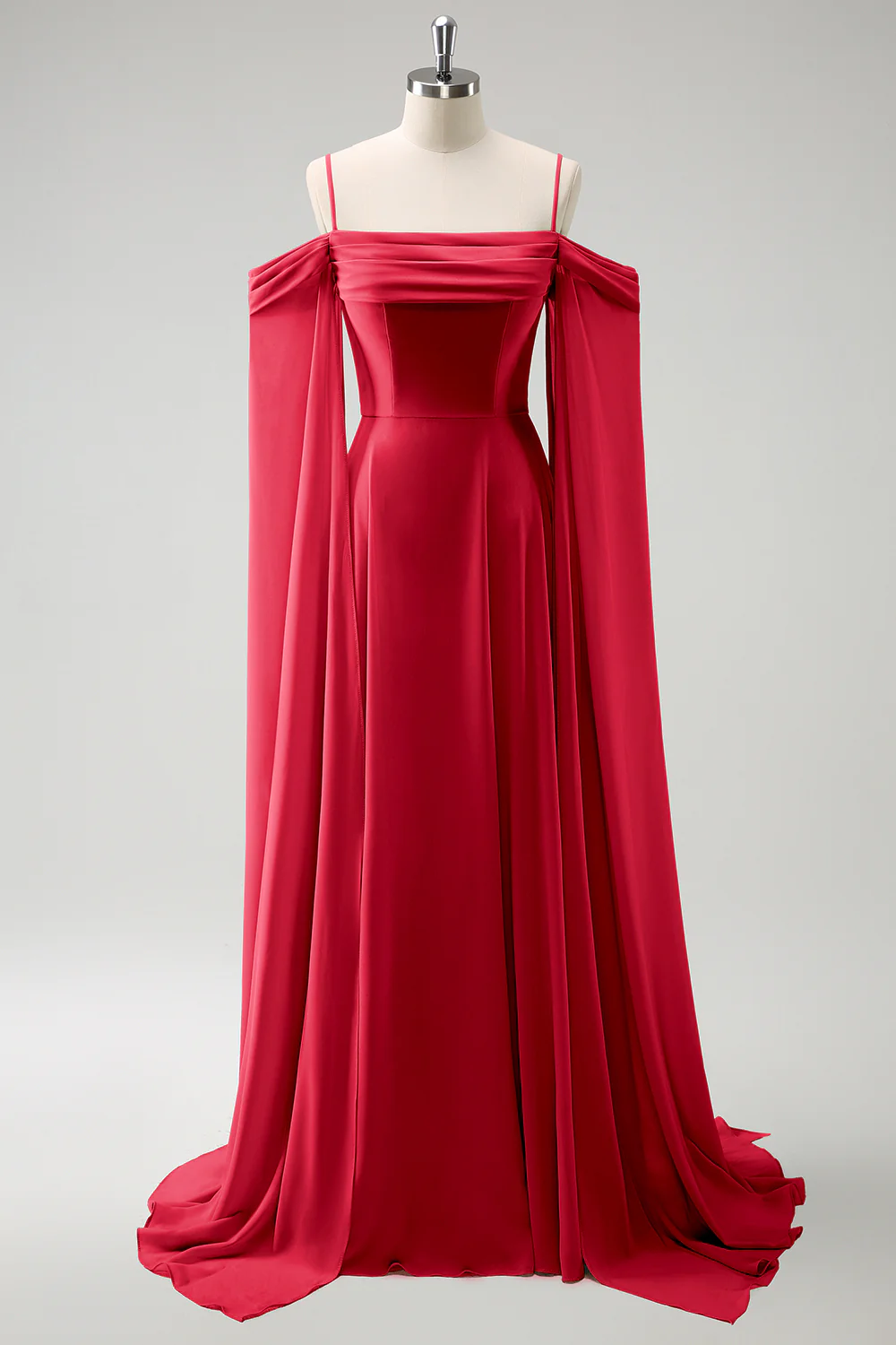 Robe de demoiselle d'honneur longue en mousseline de soie vert clair épaule dénudée amovible à manches trapèze - Image 28