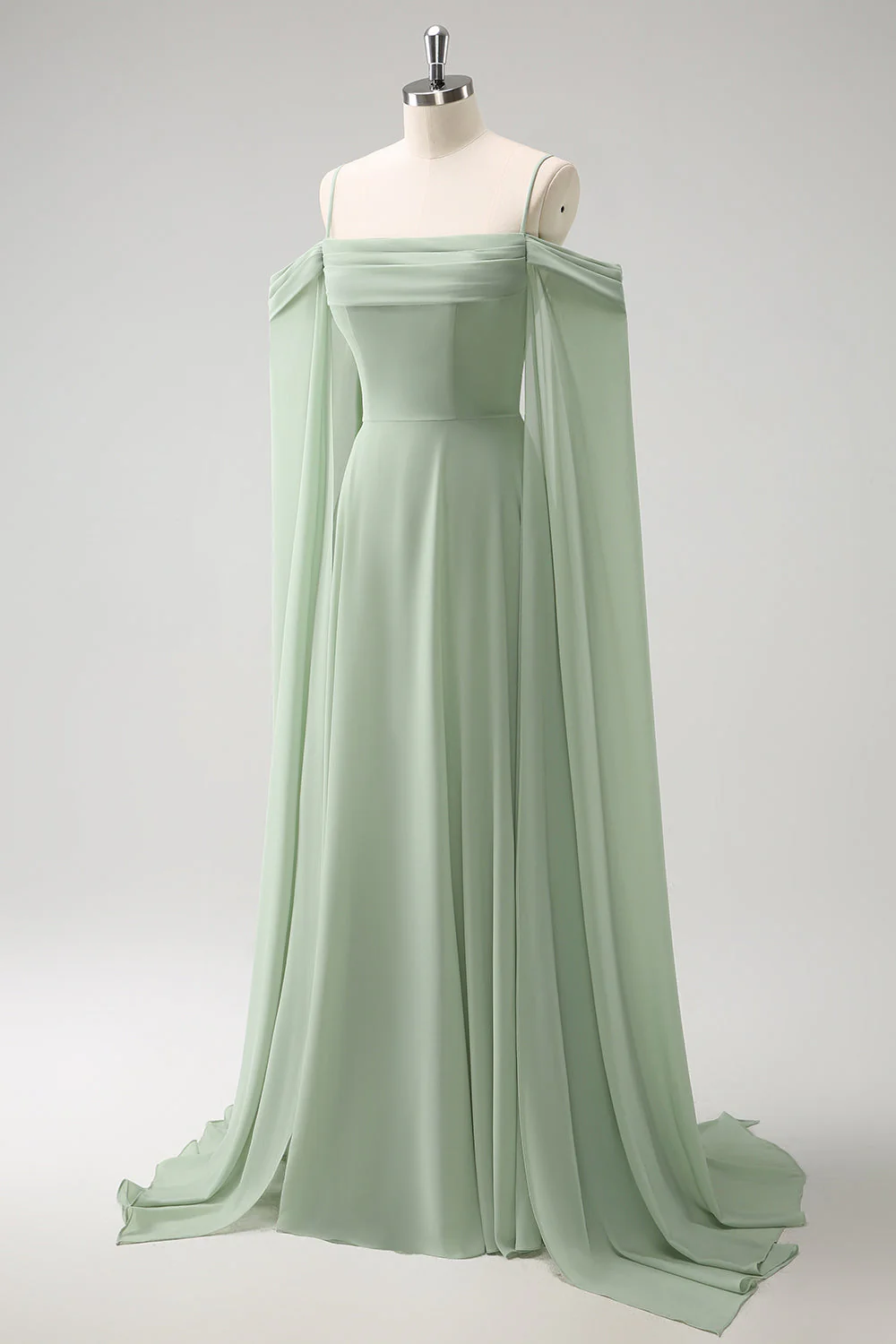 Robe de demoiselle d'honneur longue en mousseline de soie vert clair épaule dénudée amovible à manches trapèze - Image 6