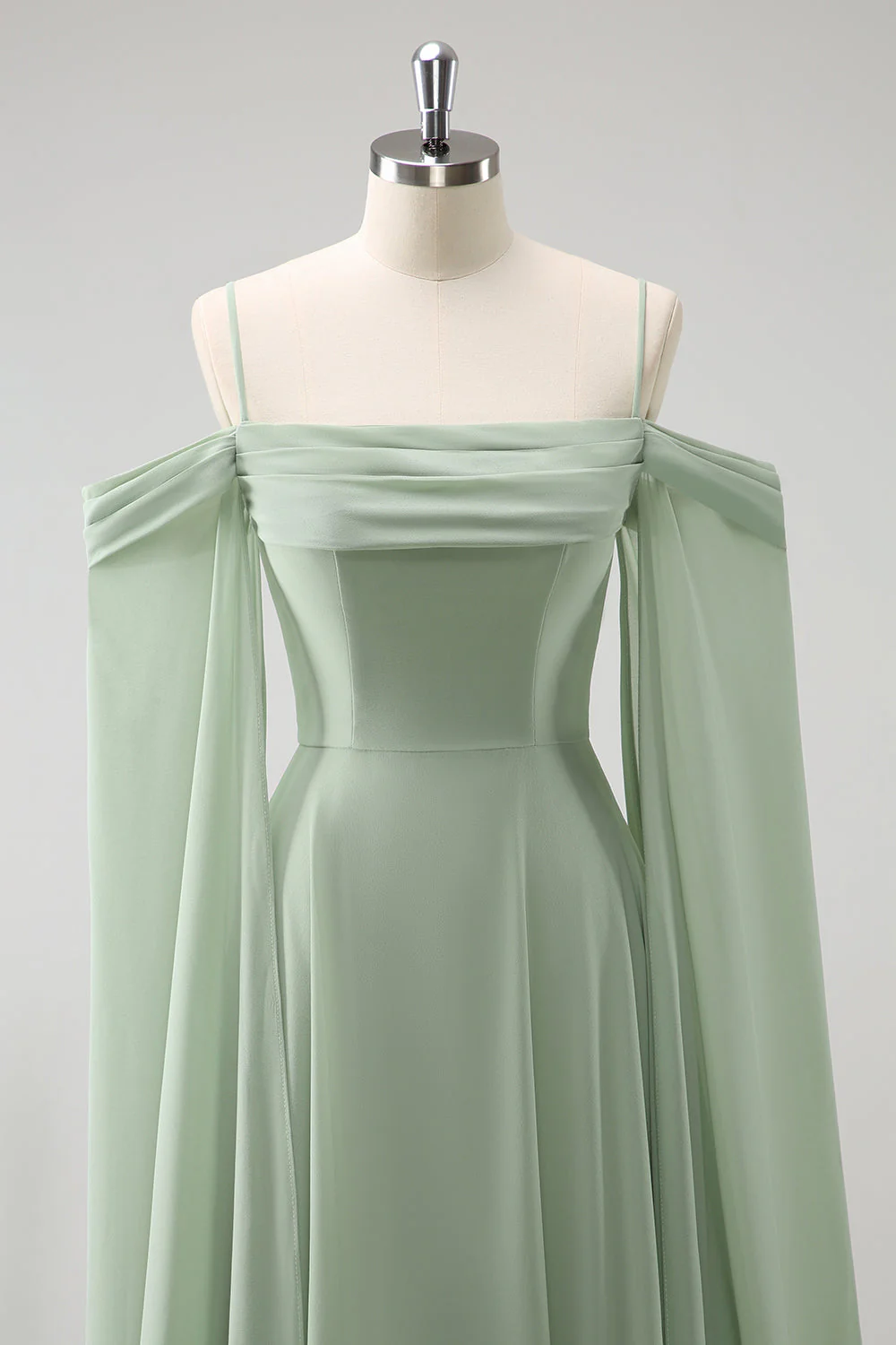 Robe de demoiselle d'honneur longue en mousseline de soie vert clair épaule dénudée amovible à manches trapèze - Image 7