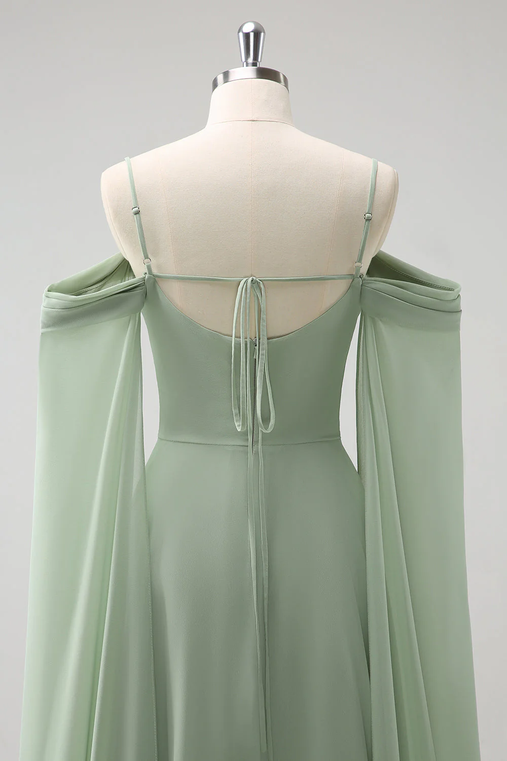 Robe de demoiselle d'honneur longue en mousseline de soie vert clair épaule dénudée amovible à manches trapèze - Image 8