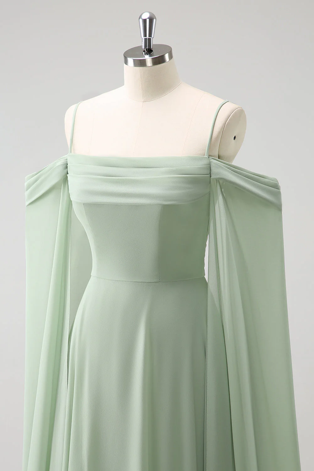 Robe de demoiselle d'honneur longue en mousseline de soie vert clair épaule dénudée amovible à manches trapèze - Image 9