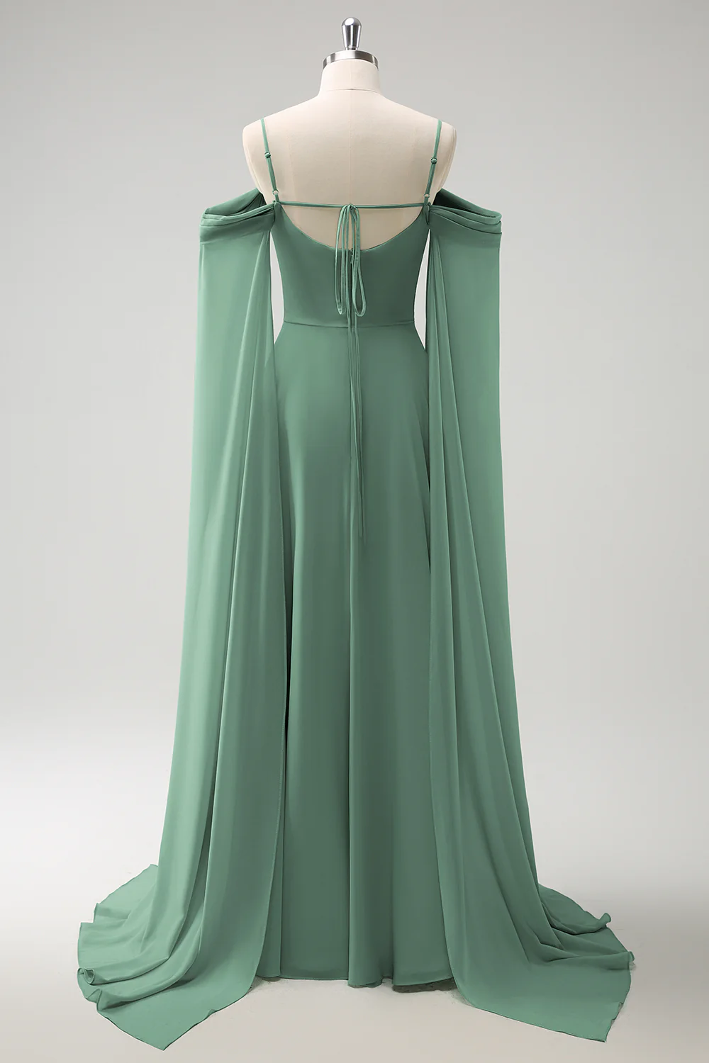 Robe de demoiselle d'honneur longue en mousseline de soie vert clair épaule dénudée amovible à manches trapèze - Image 23