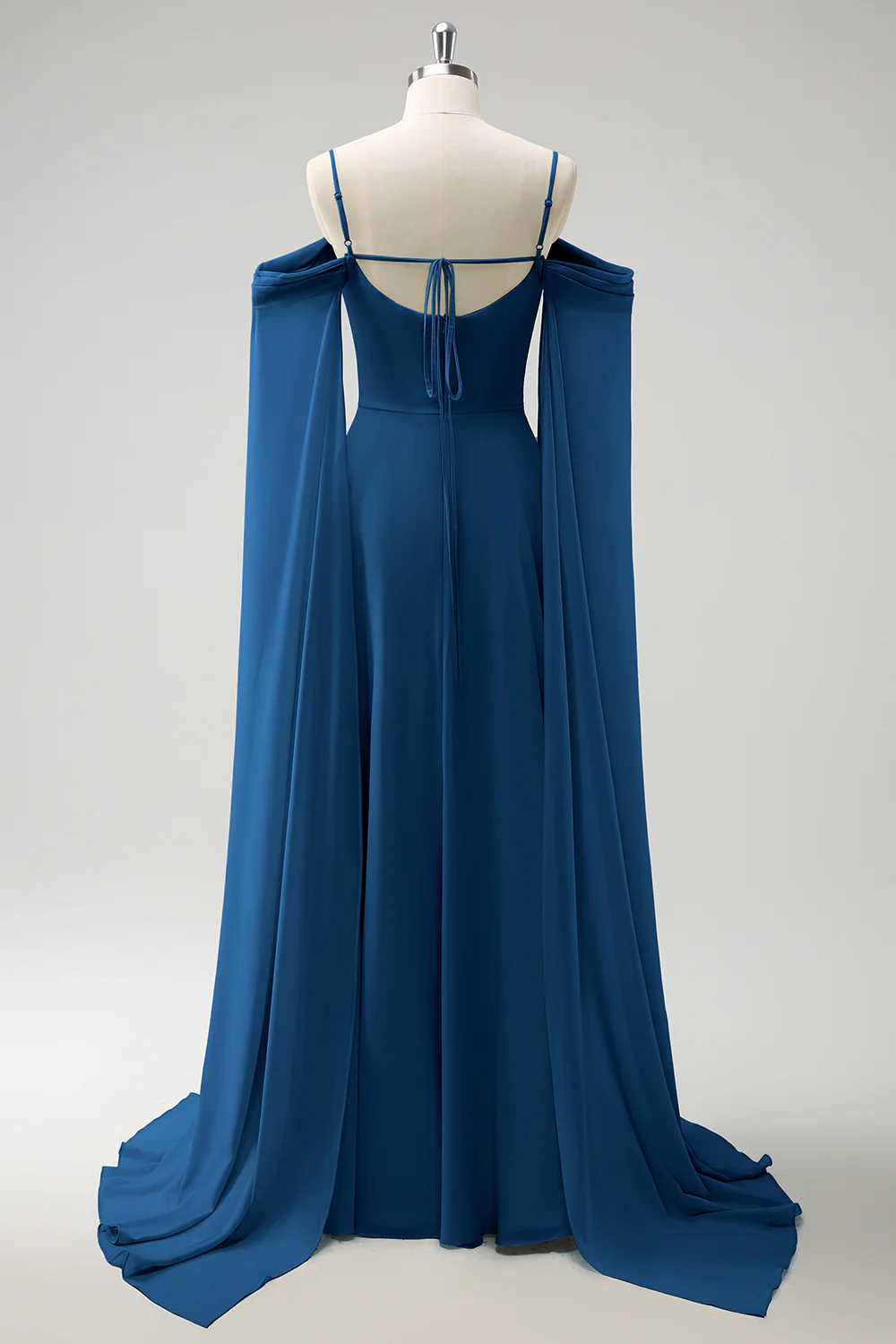 Robe de demoiselle d'honneur longue en mousseline de soie vert clair épaule dénudée amovible à manches trapèze - Image 25