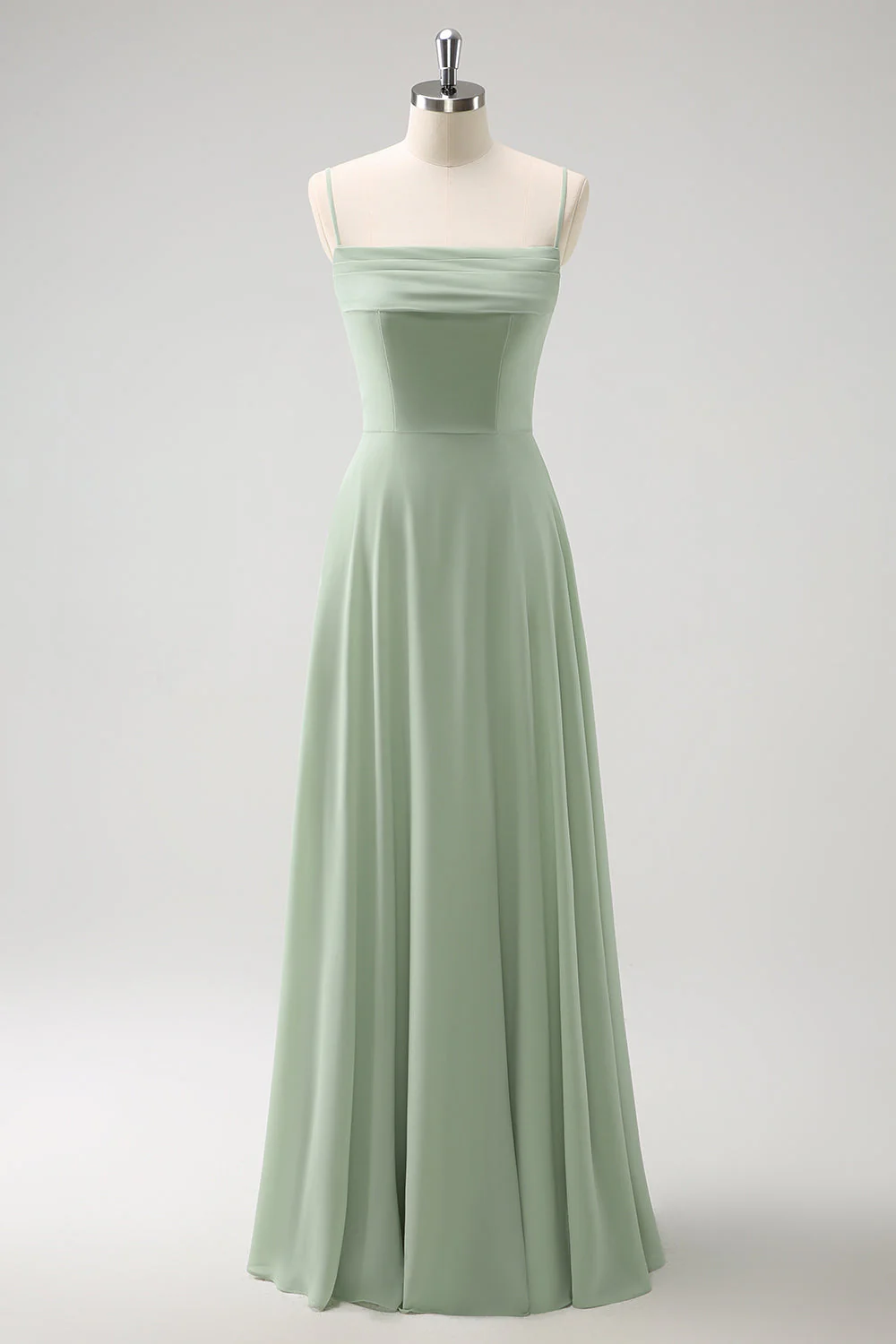 Robe de demoiselle d'honneur longue en mousseline de soie vert clair épaule dénudée amovible à manches trapèze - Image 3
