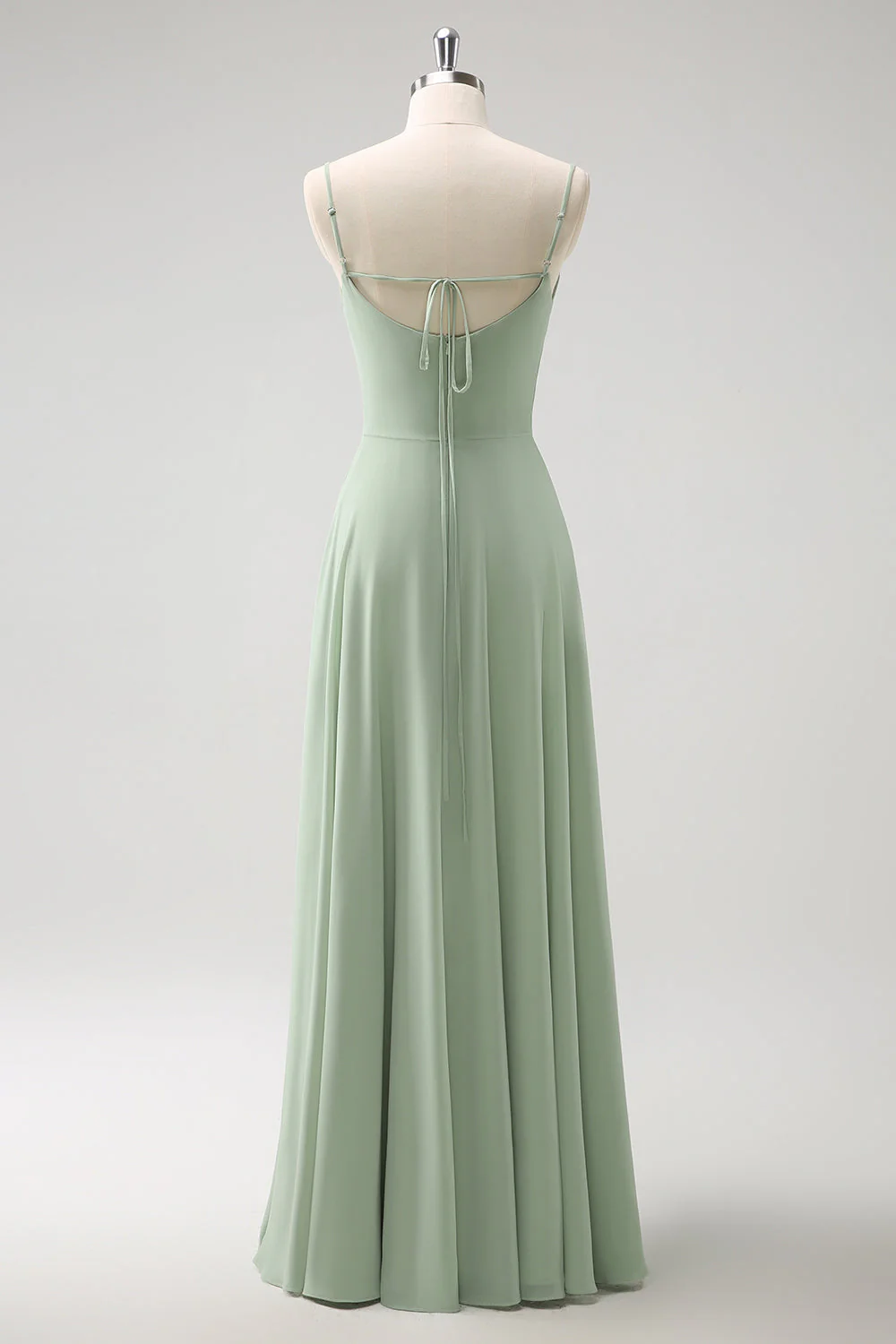 Robe de demoiselle d'honneur longue en mousseline de soie vert clair épaule dénudée amovible à manches trapèze - Image 4