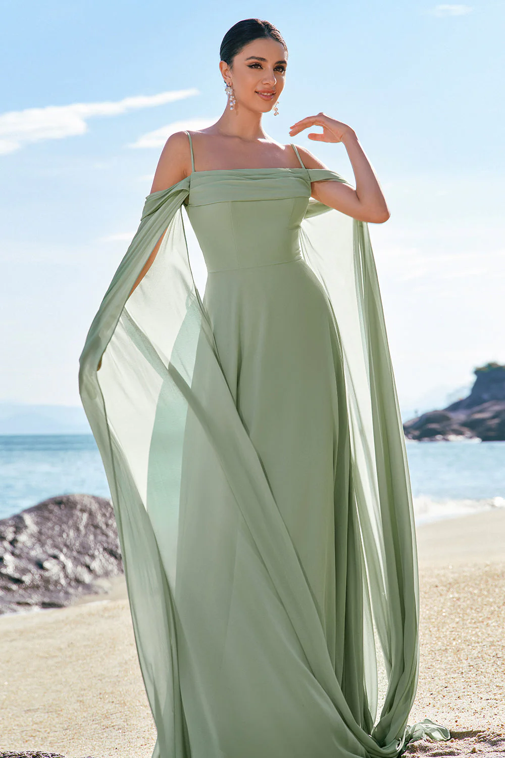 Vert clair épaule dénudée manches amovibles robe de demoiselle d’honneur en mousseline de soie - Image 7