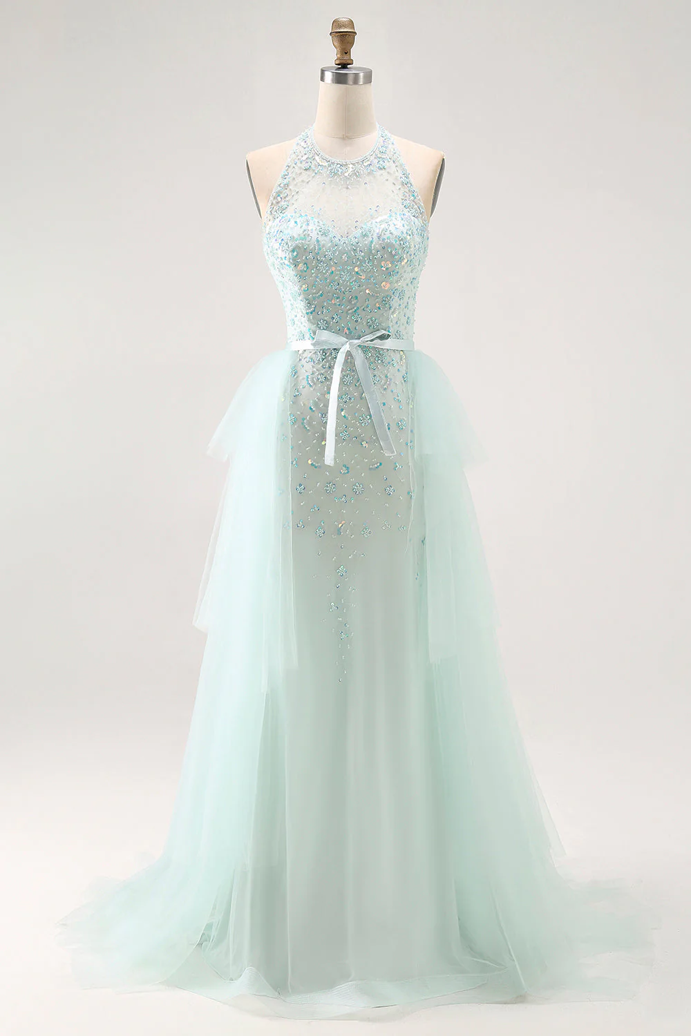 Vert clair scintillant A-ligne dos nu paillettes corset robe longue de bal avec perles