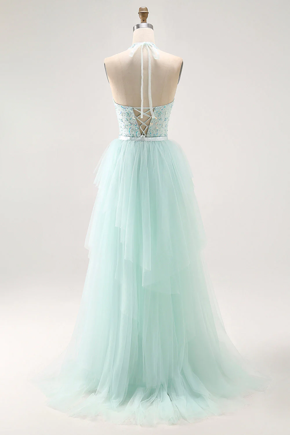 Vert clair scintillant A-ligne dos nu paillettes corset robe longue de bal avec perles - Image 2