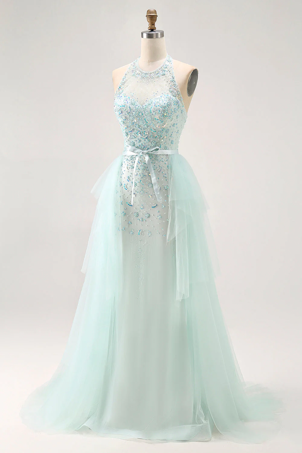 Vert clair scintillant A-ligne dos nu paillettes corset robe longue de bal avec perles - Image 3