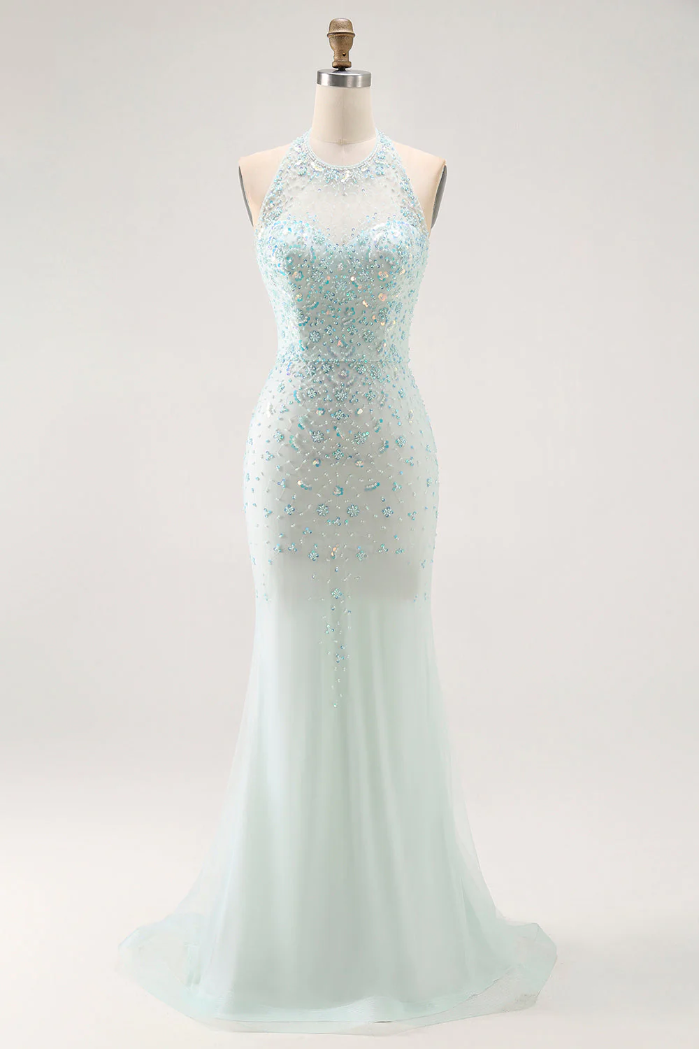 Vert clair scintillant A-ligne dos nu paillettes corset robe longue de bal avec perles - Image 4