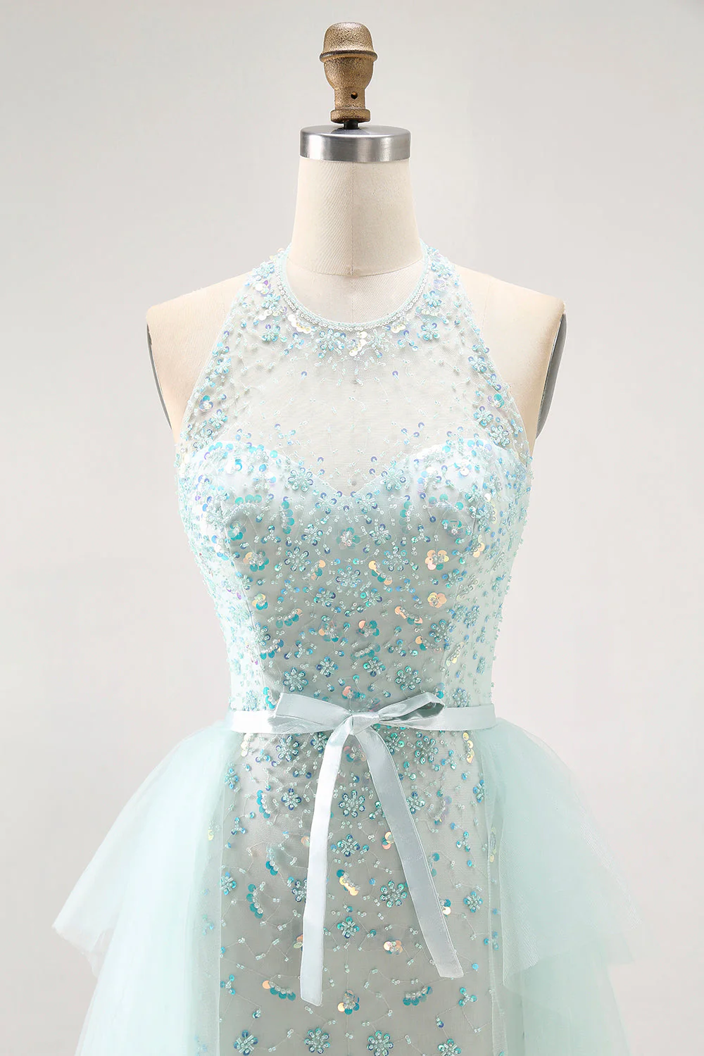 Vert clair scintillant A-ligne dos nu paillettes corset robe longue de bal avec perles - Image 5