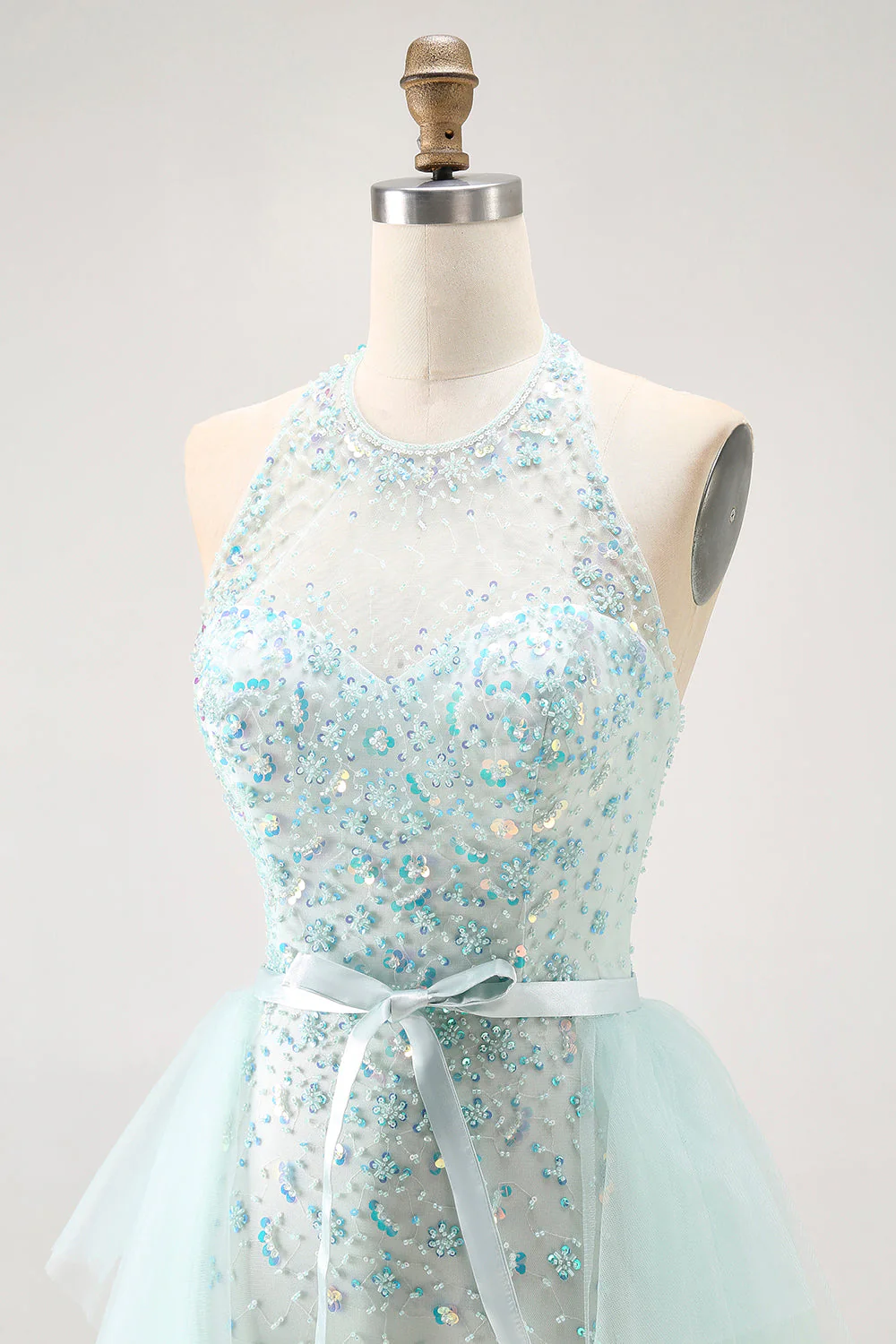 Vert clair scintillant A-ligne dos nu paillettes corset robe longue de bal avec perles - Image 6