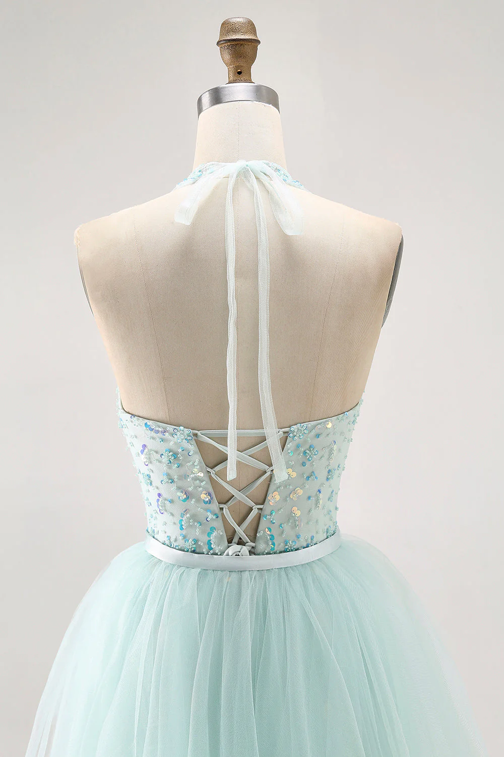 Vert clair scintillant A-ligne dos nu paillettes corset robe longue de bal avec perles - Image 7