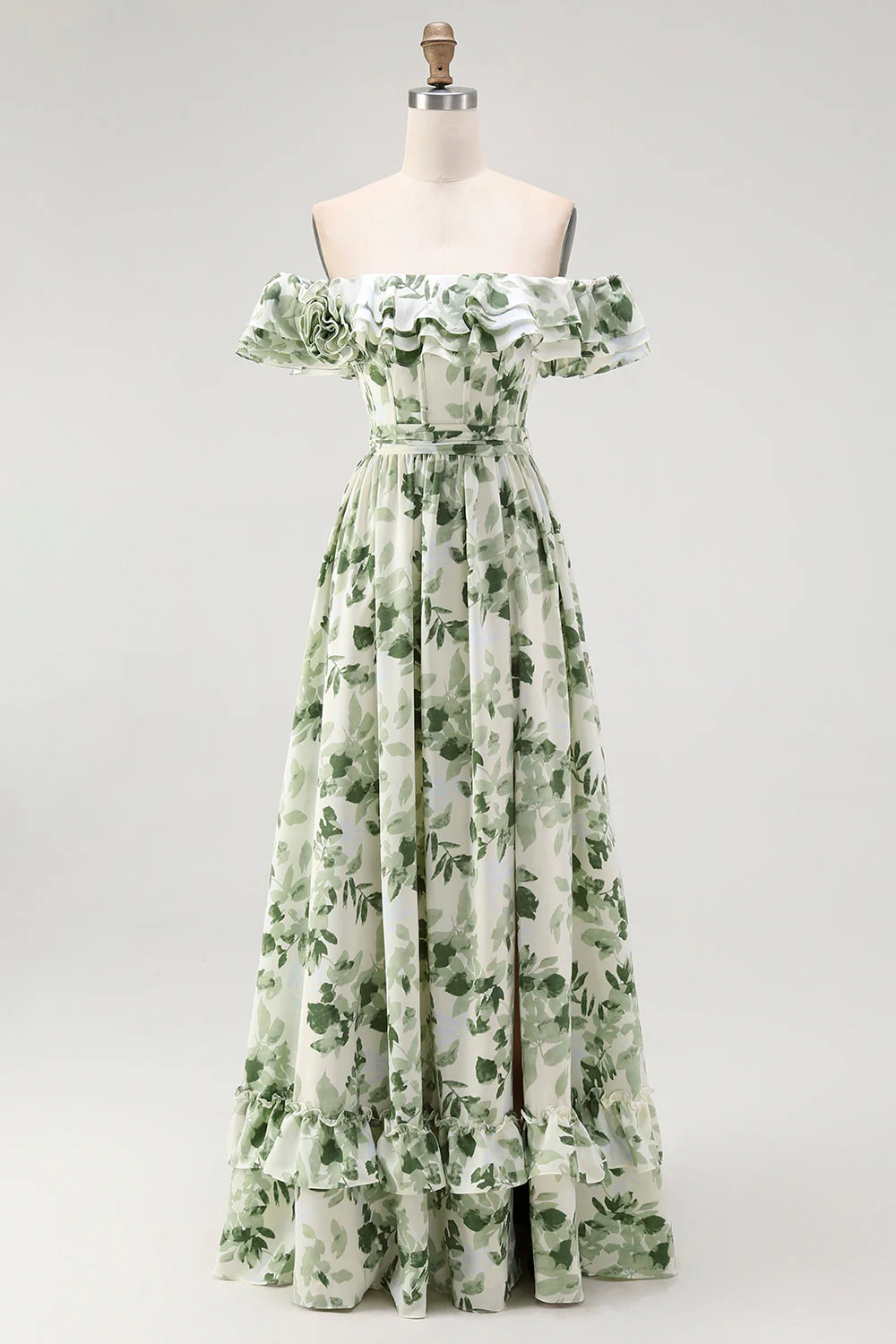 Robe de demoiselle d'honneur verte ligne A épaule dénudée imprimé floral à volants