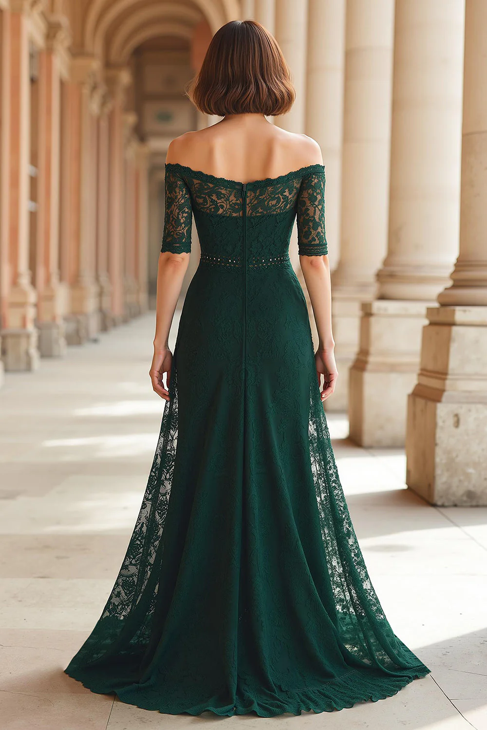 Robe mère de la mariée vert foncé ligne A épaule dénudée dentelle appliquée - Image 2
