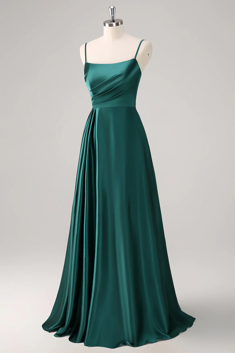 Vert foncé A-ligne spaghetti bretelles satin froncé longue robe de demoiselle d’honneur - Image 3