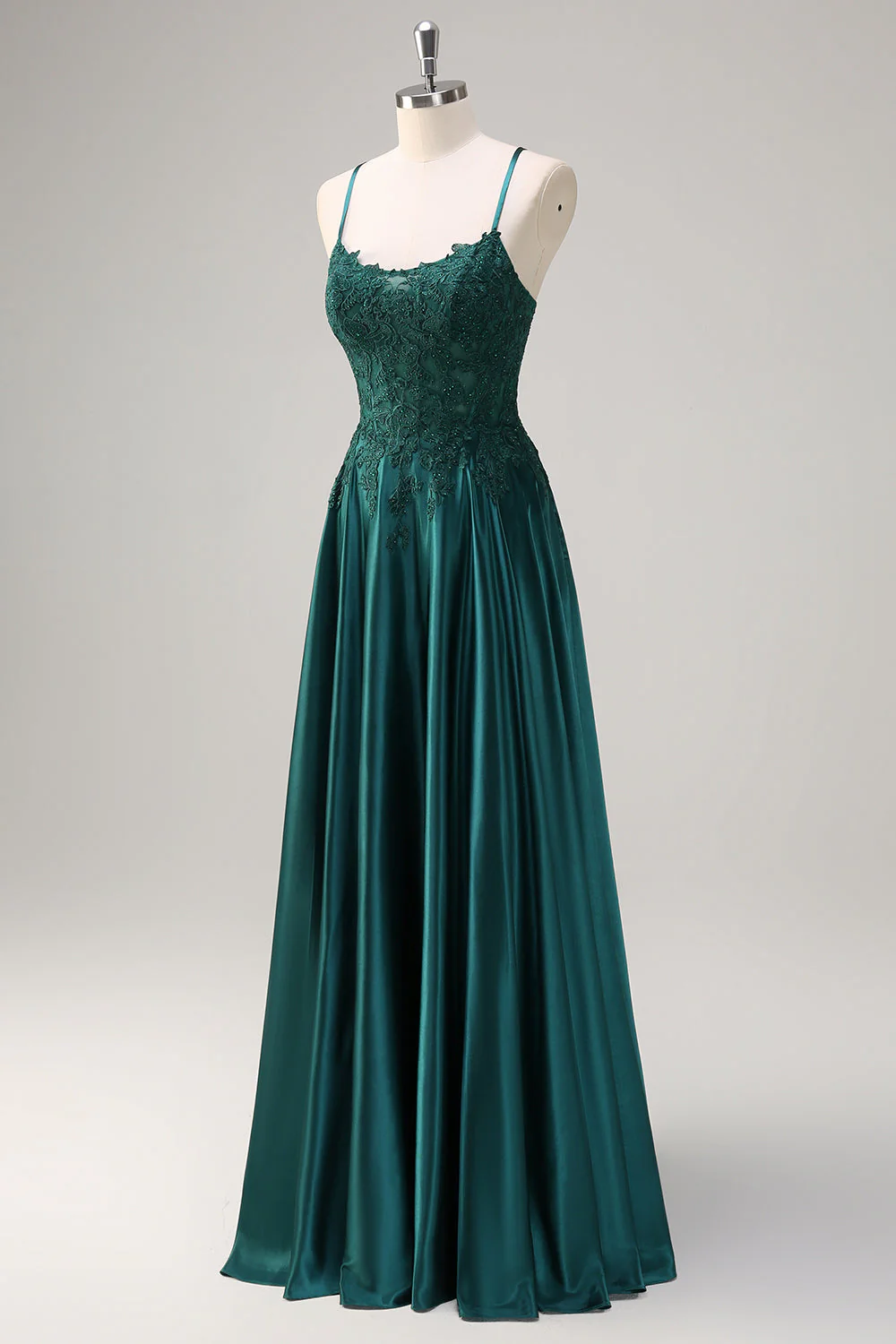 Vert foncé A-ligne spaghetti bretelles Satin perlé longue robe de bal avec appliques - Image 3