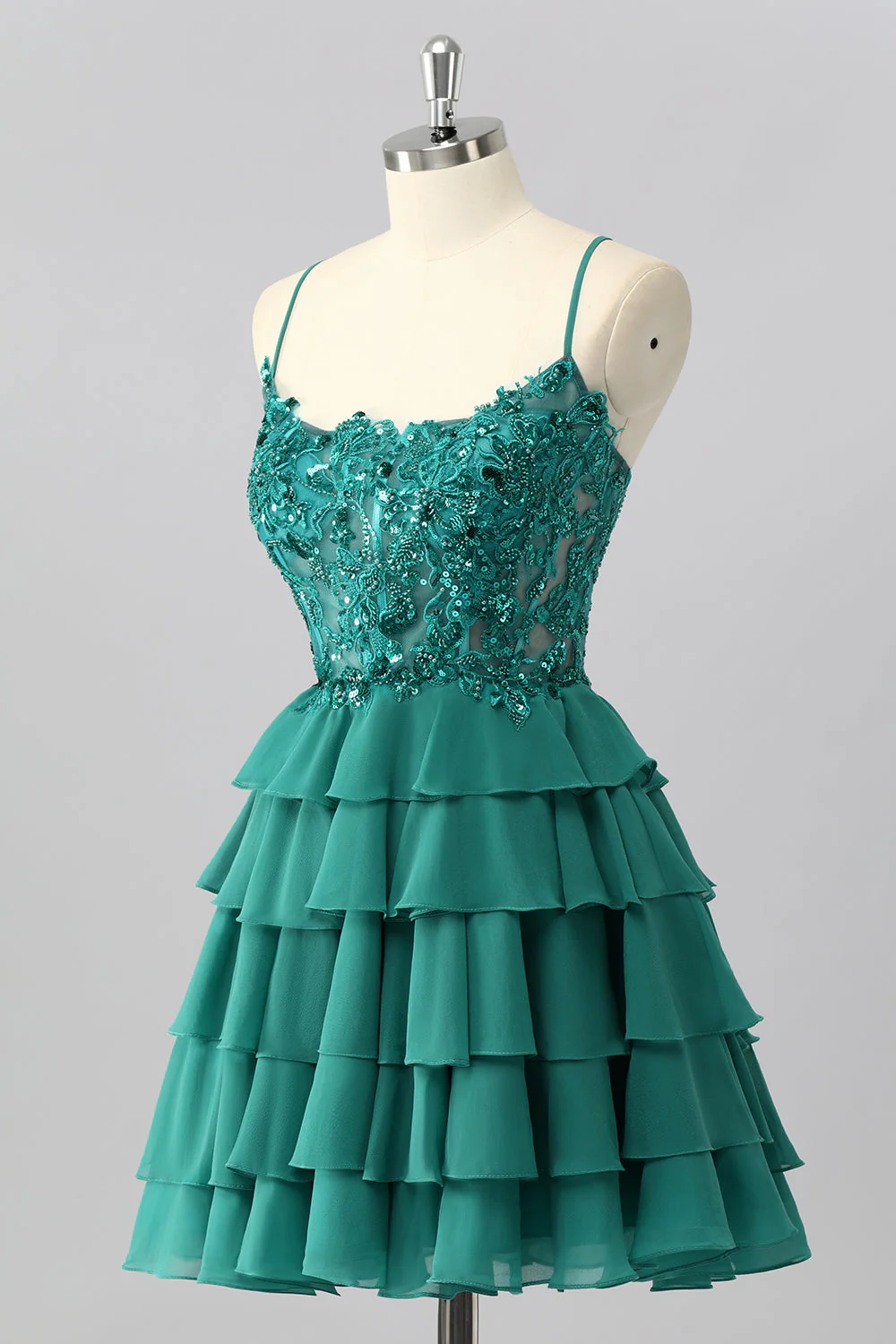 Vert foncé A Line Strins Tiered Homecoming Dress avec appliques - Image 3