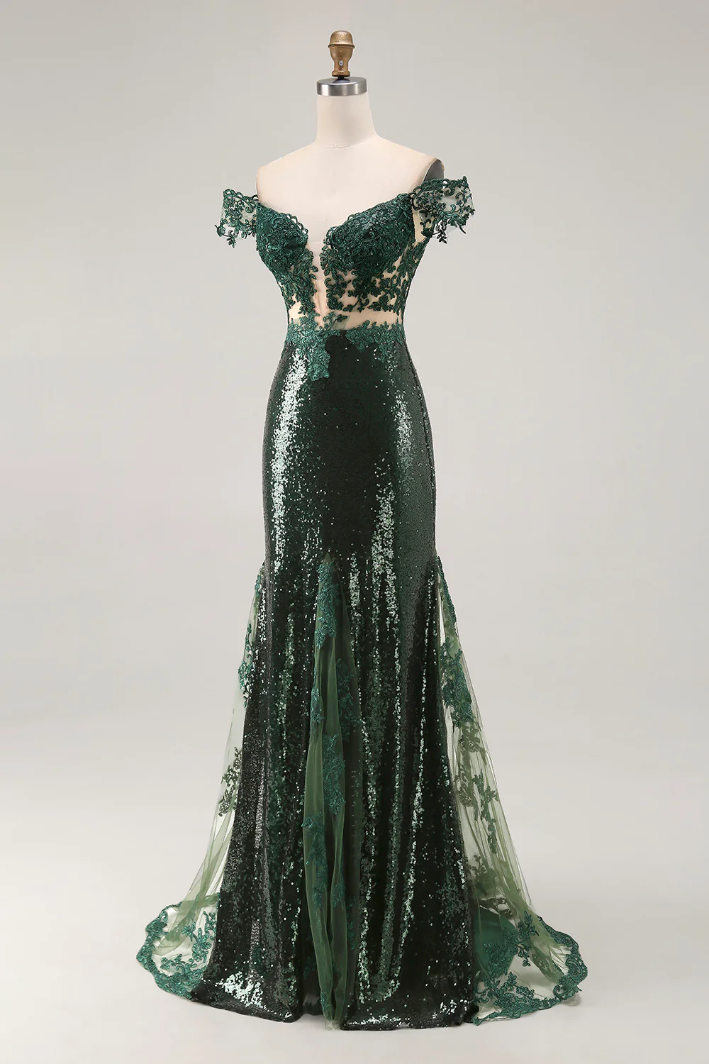 Robe de soirée longue vert foncé à épaules dénudées et broderie à sequins - Image 5