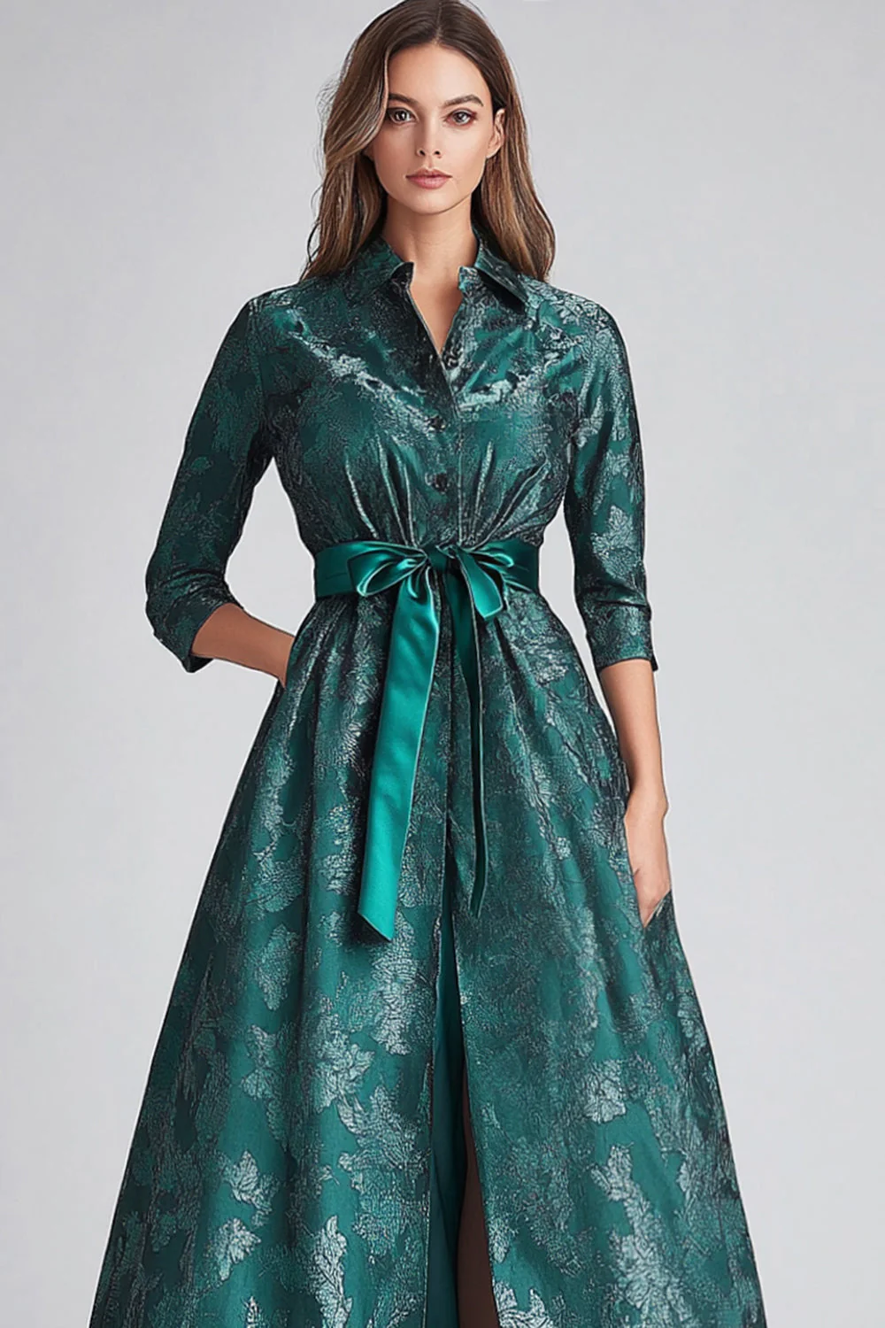 Vert foncé floral une ligne mère de la mariée robe avec poches - Image 3