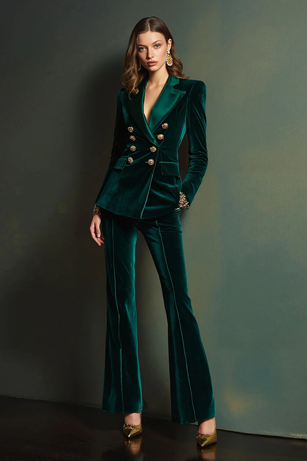 Vert foncé pointe revers 2 pièces velours double boutonnage femmes bal costumes - Image 4