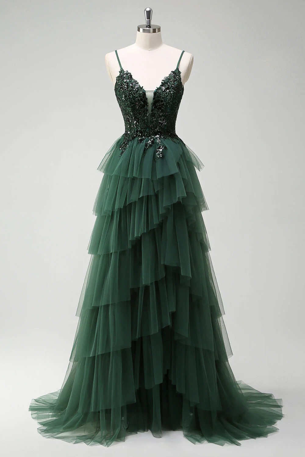 Vert foncé scintillant Corset A-ligne à volants Applique longue robe de Soirée avec fente