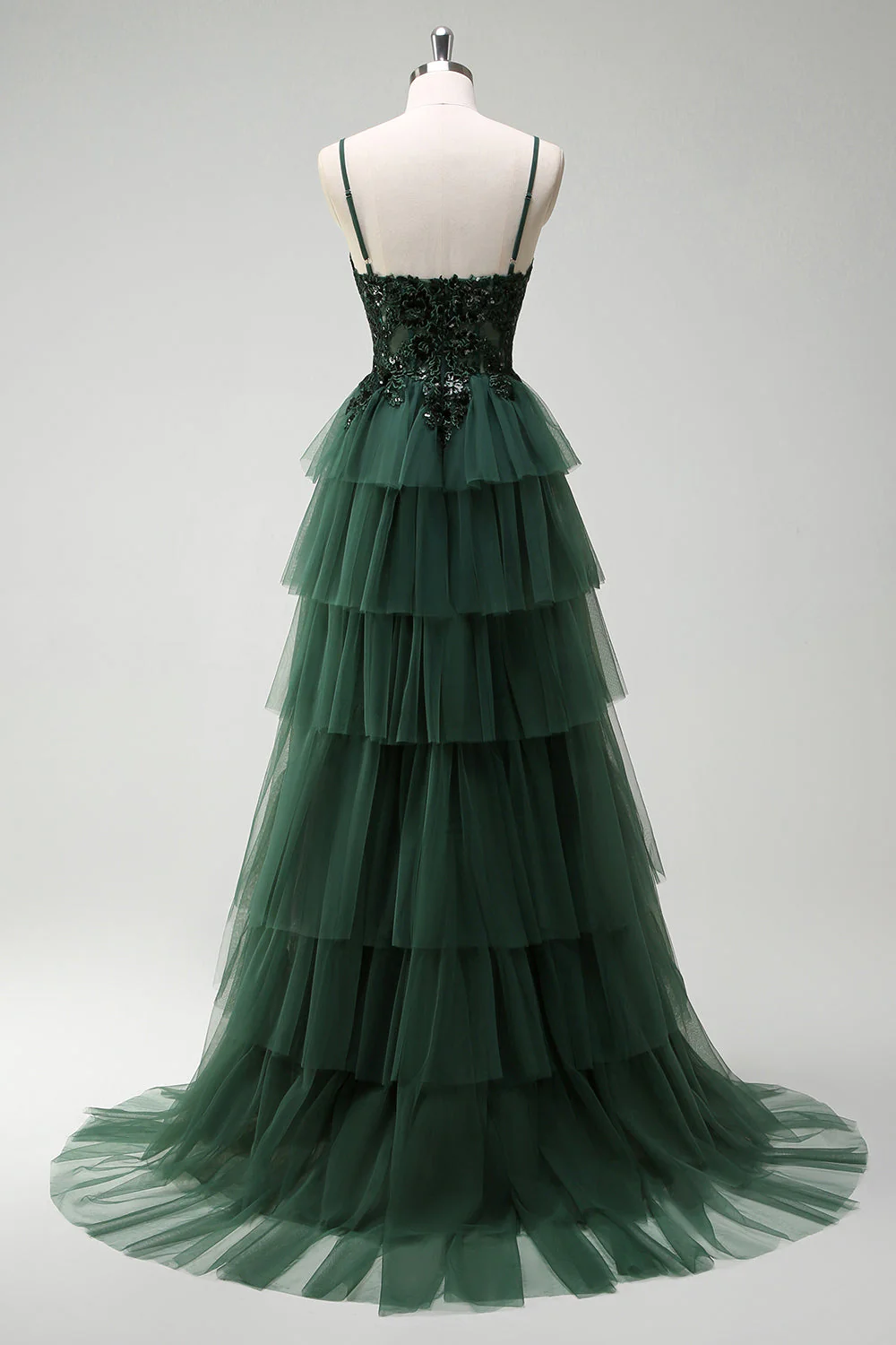 Vert foncé scintillant Corset A-ligne à volants Applique longue robe de Soirée avec fente - Image 2