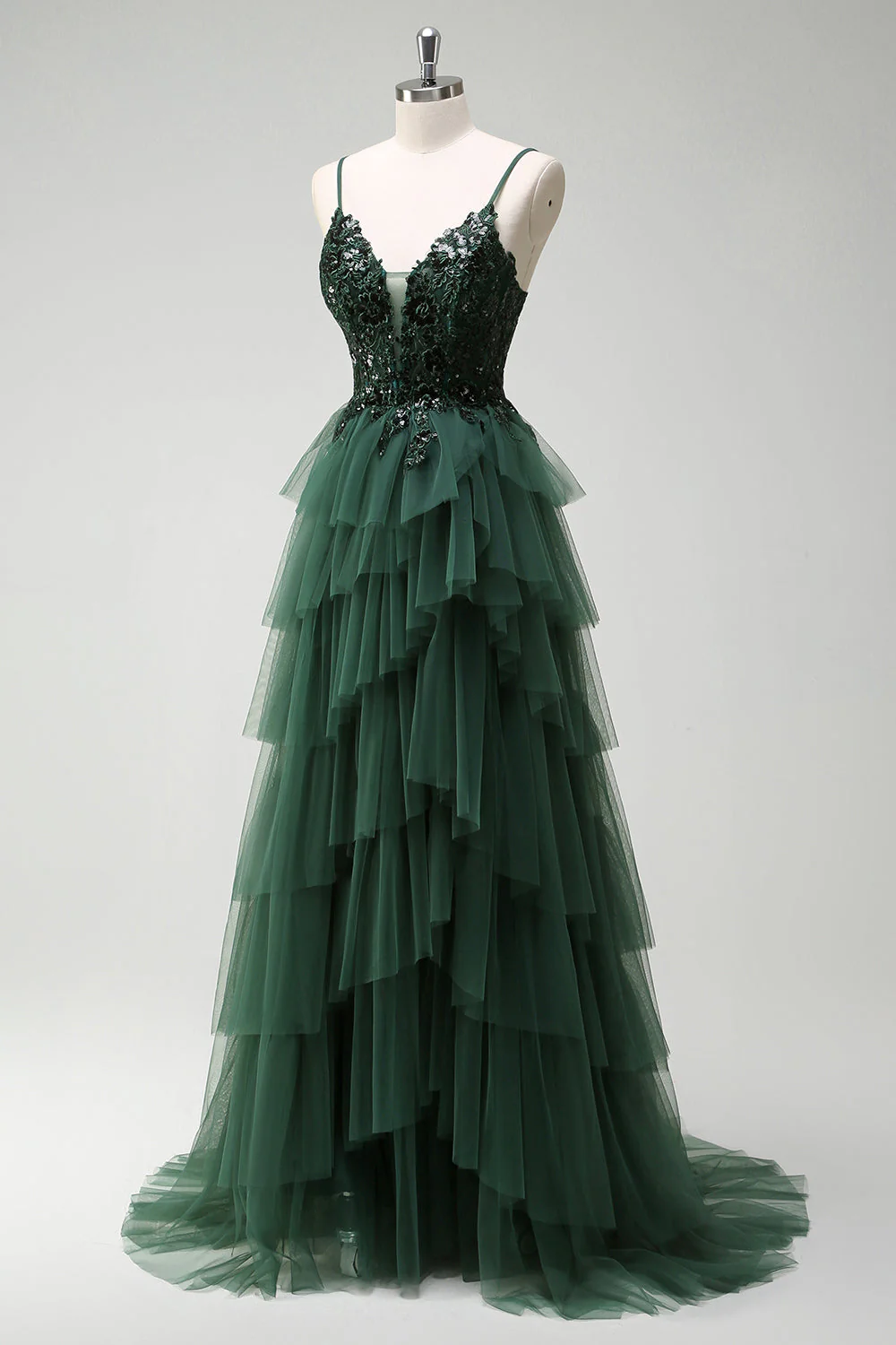 Vert foncé scintillant Corset A-ligne à volants Applique longue robe de Soirée avec fente - Image 3
