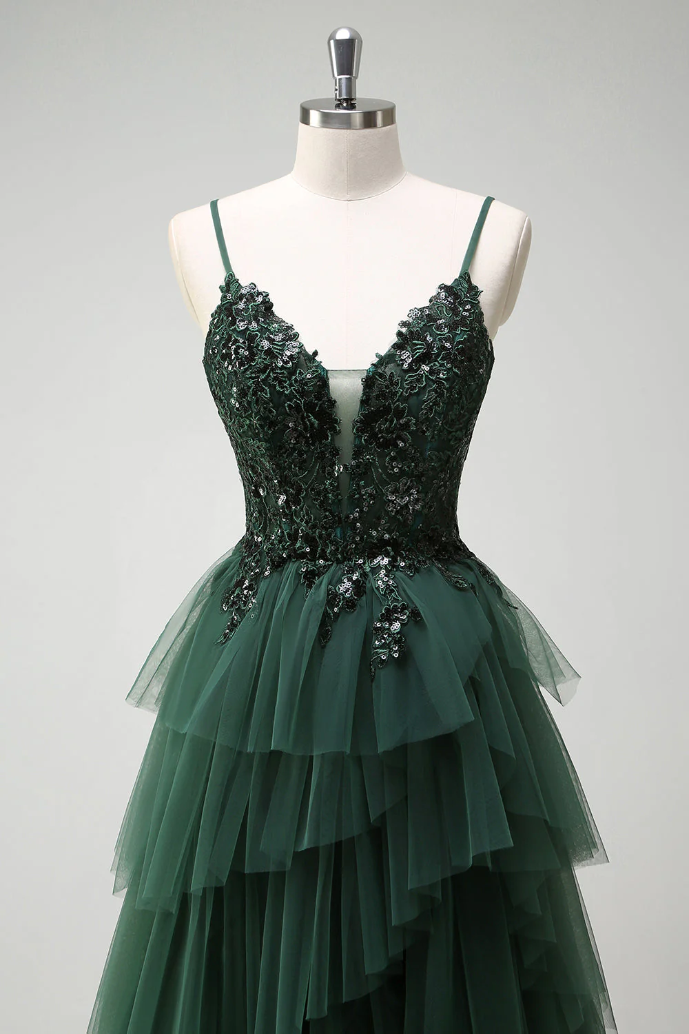 Vert foncé scintillant Corset A-ligne à volants Applique longue robe de Soirée avec fente - Image 4
