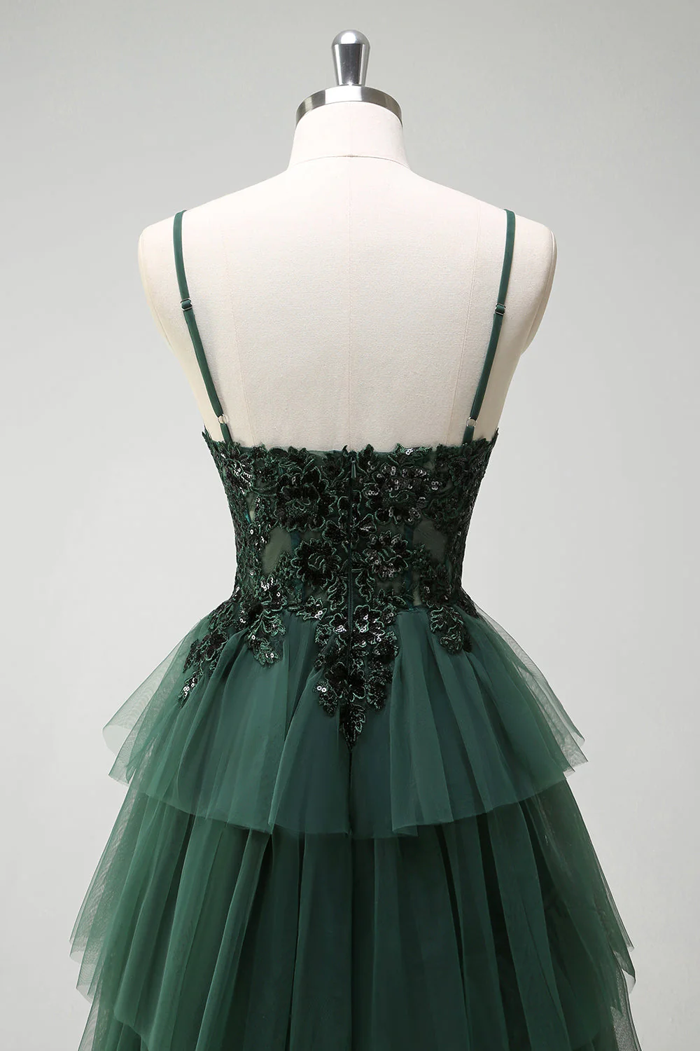 Vert foncé scintillant Corset A-ligne à volants Applique longue robe de Soirée avec fente - Image 5