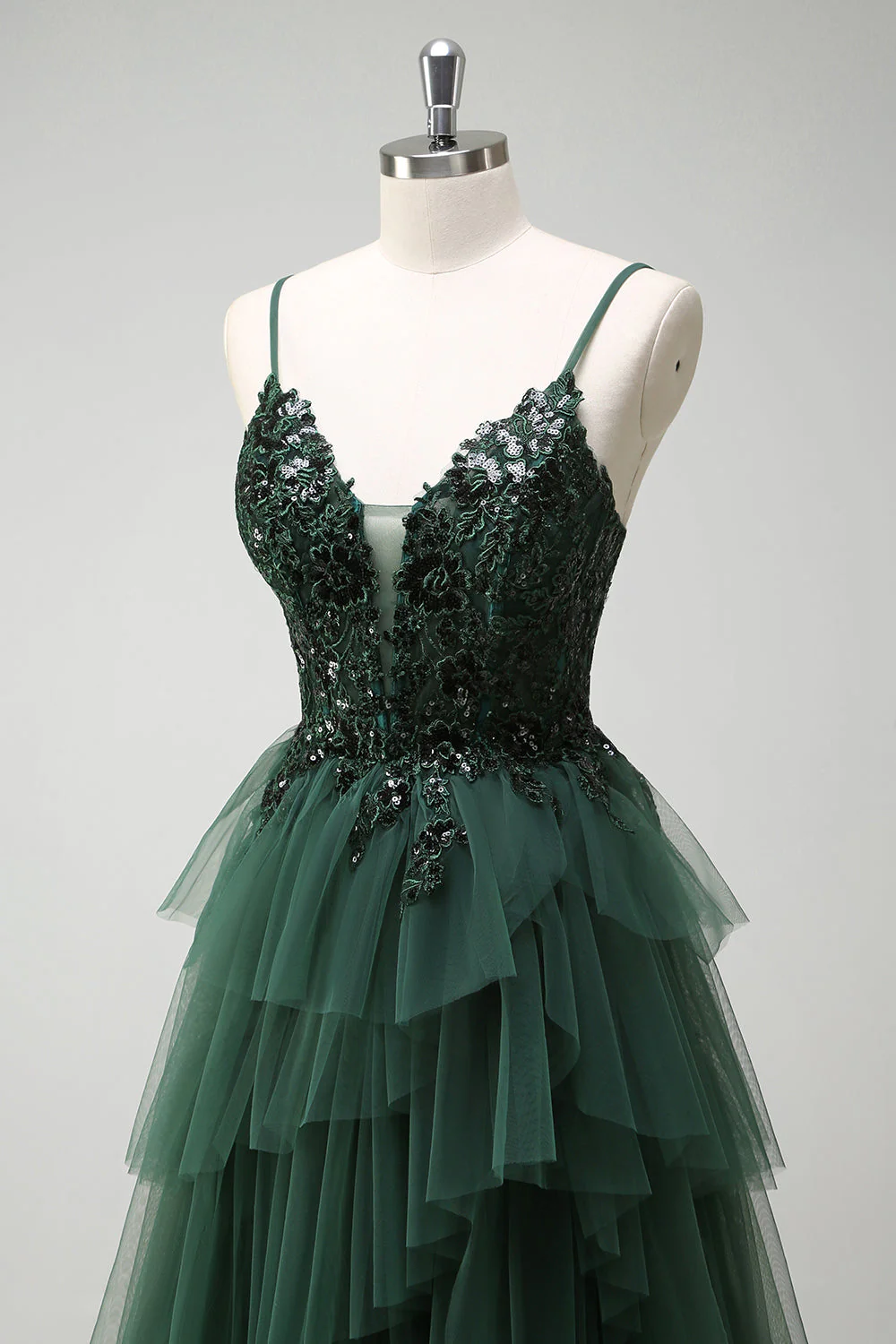 Vert foncé scintillant Corset A-ligne à volants Applique longue robe de Soirée avec fente - Image 6