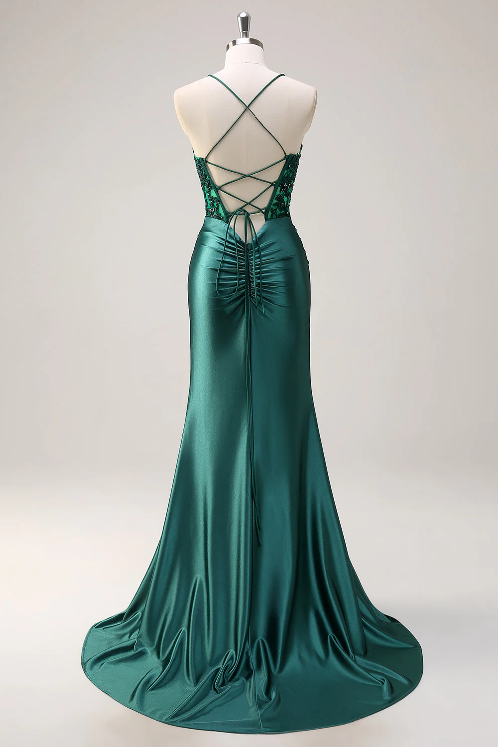 Robe de soirée sirène longue vert foncé scintillant bustier dos nu avec fente - Image 2