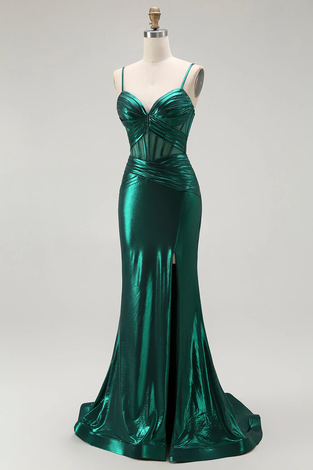 Vert foncé Sirène Métallisé Plissé Corset Longue Robe de soirée Avec Fente - Image 3