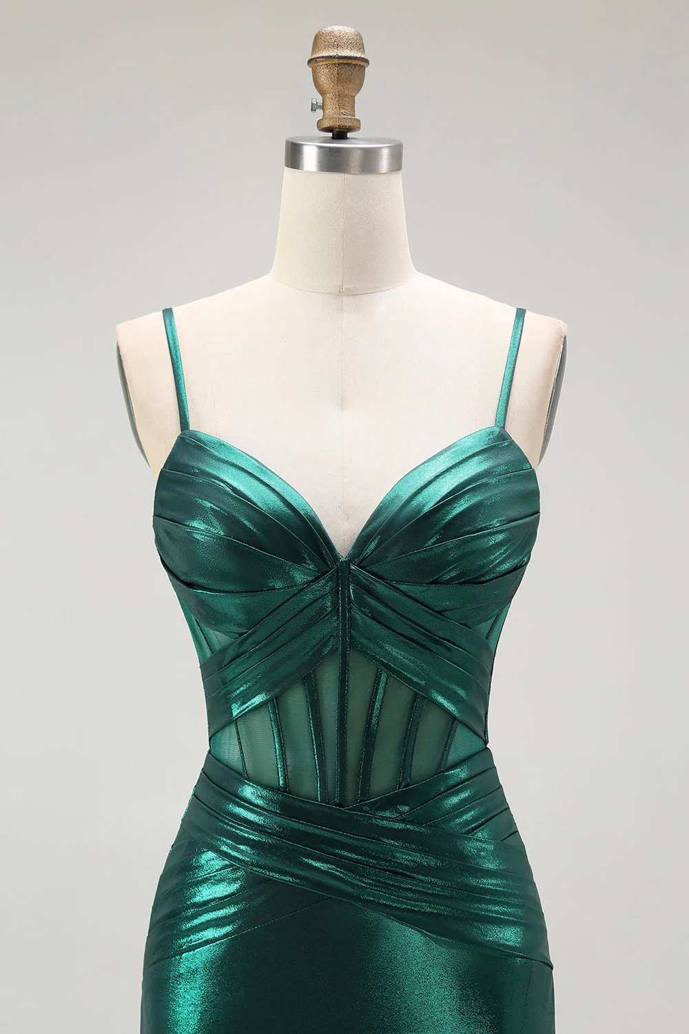 Vert foncé Sirène Métallisé Plissé Corset Longue Robe de soirée Avec Fente - Image 4