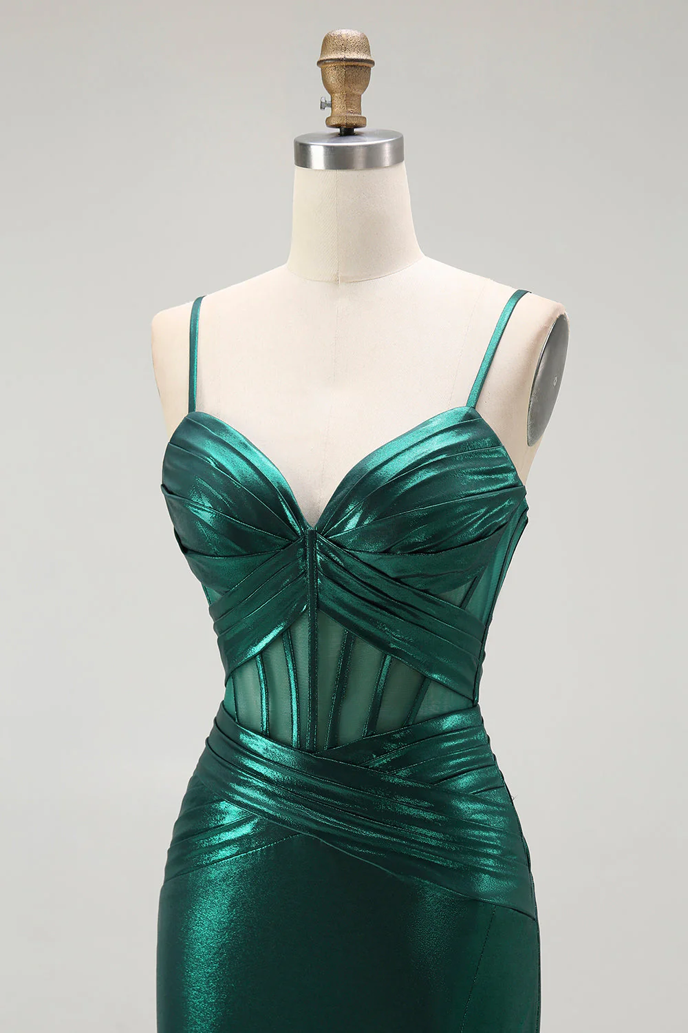 Vert foncé Sirène Métallisé Plissé Corset Longue Robe de soirée Avec Fente - Image 6