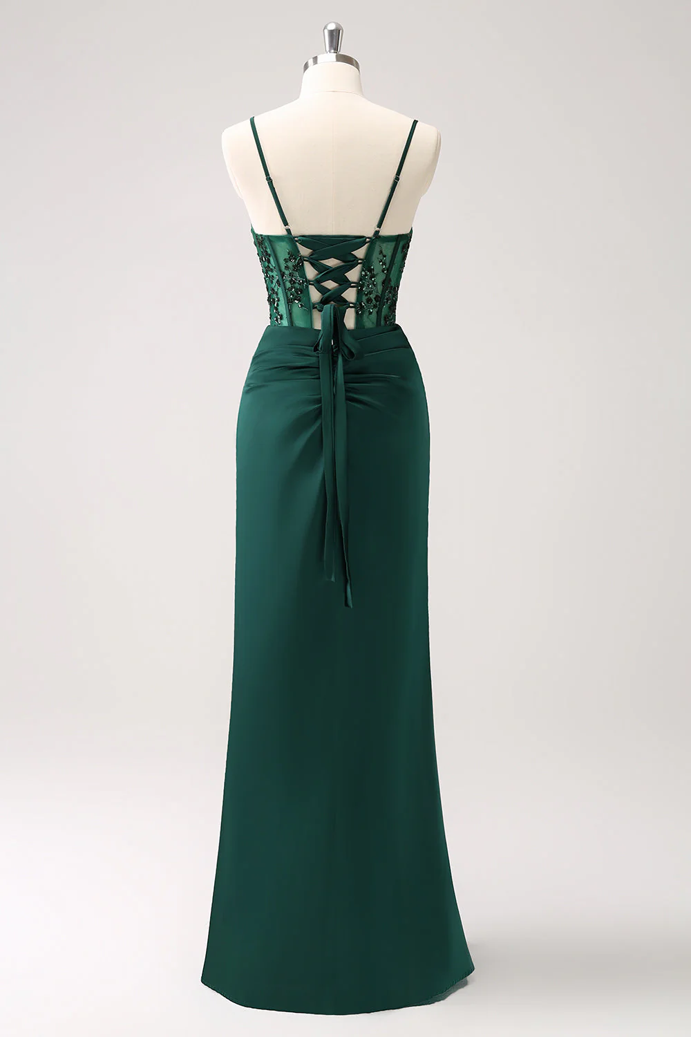 Vert foncé sirène spaghetti bretelles satin longue robe de demoiselle d’honneur avec fente - Image 2