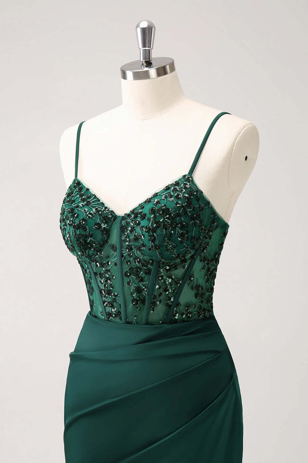 Vert foncé sirène spaghetti bretelles satin longue robe de demoiselle d’honneur avec fente - Image 6