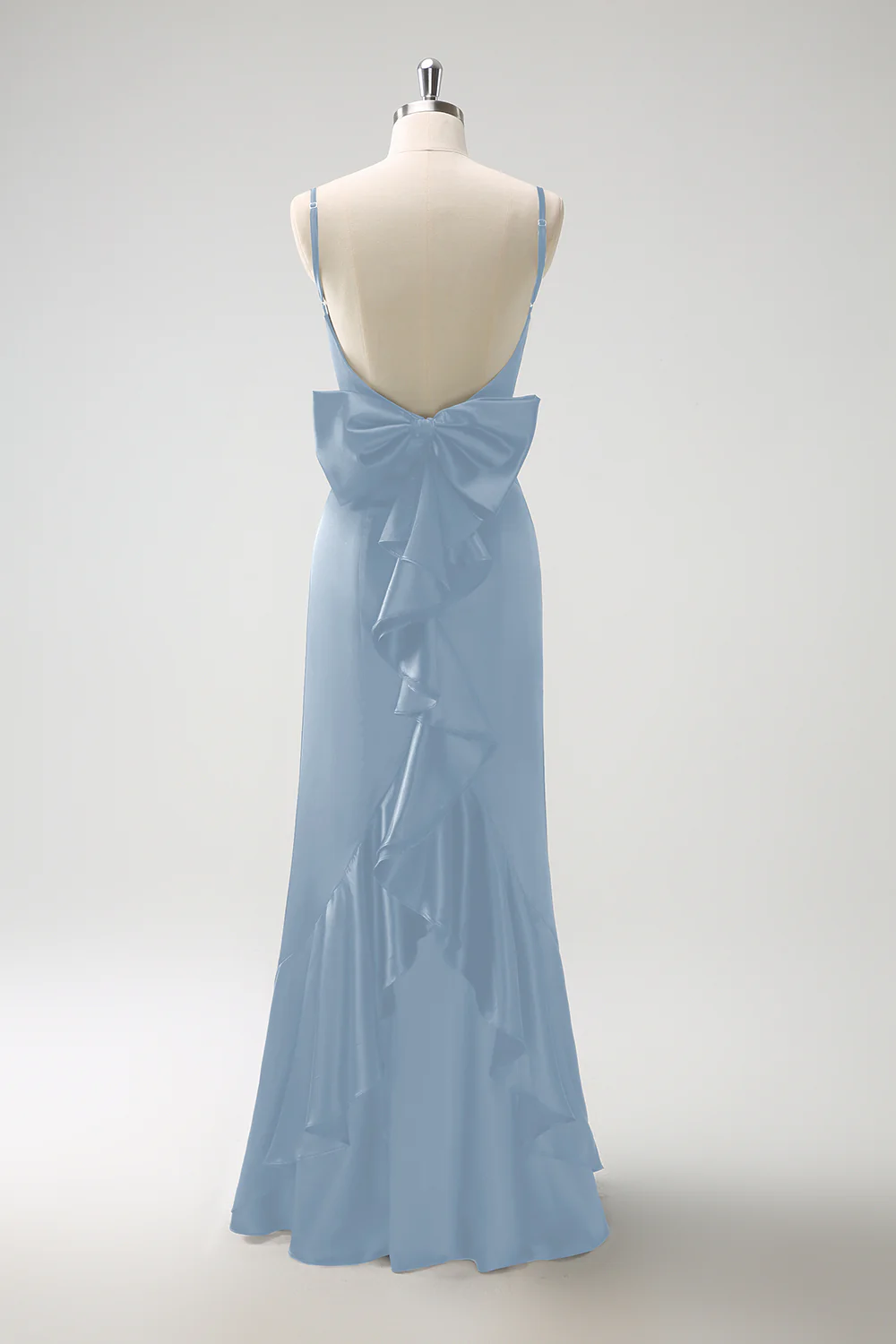 Vert foncé Sirène spaghetti bretelles Satin noeud volant longue robe de demoiselle d’honneur - Image 10