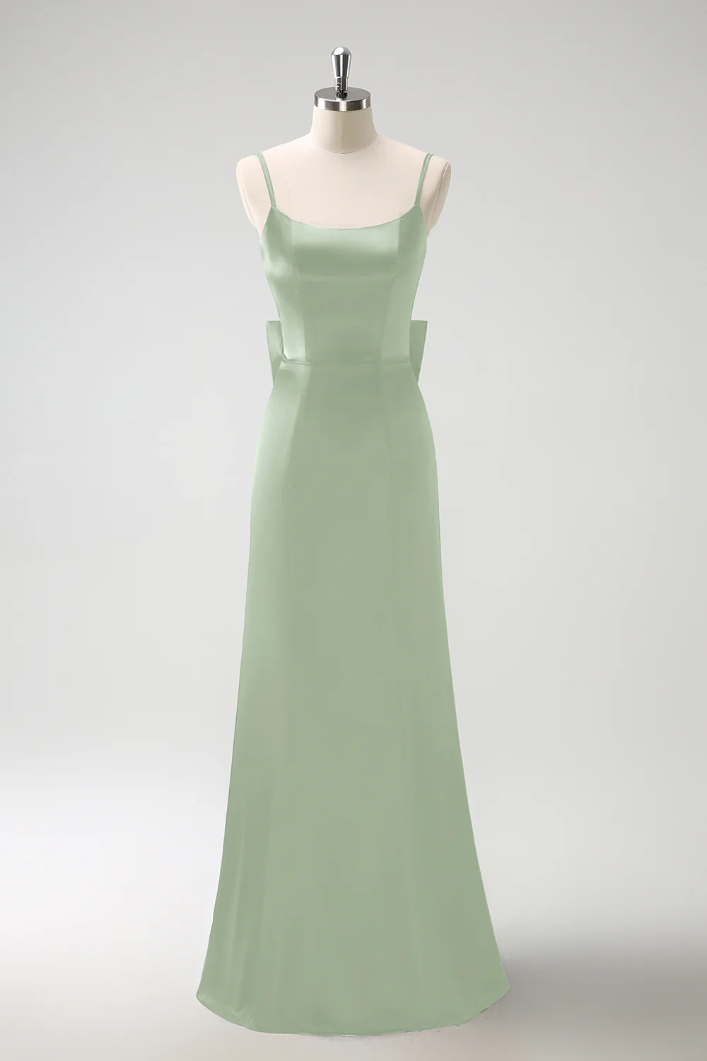 Vert foncé Sirène spaghetti bretelles Satin noeud volant longue robe de demoiselle d’honneur - Image 13